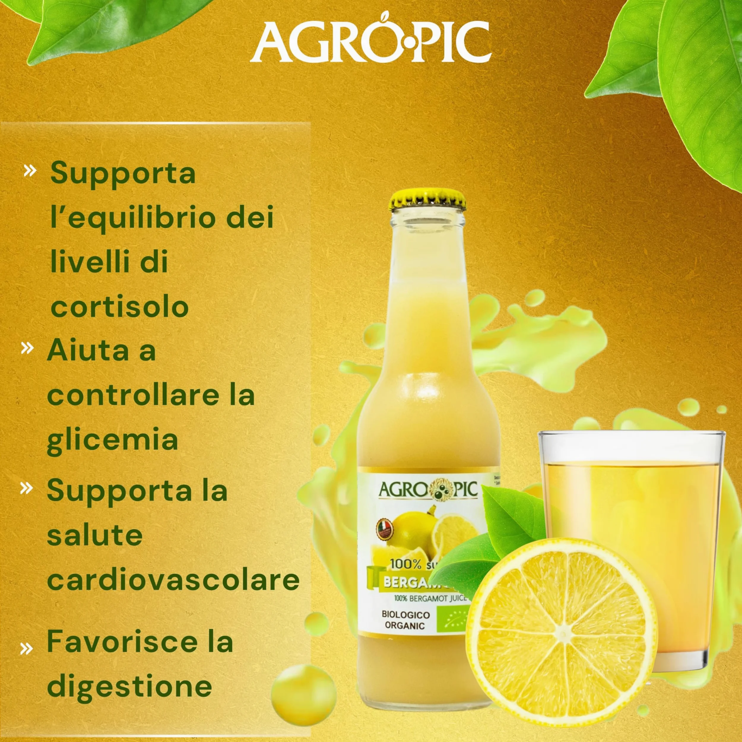 Agropic Succo di Bergamotto Puro Bio, 200 ml, Bergamotto Succo Puro Biologico, 12 bottiglie, Senza Zuccheri Aggiunti e Conservanti, Realizzato in Calabria