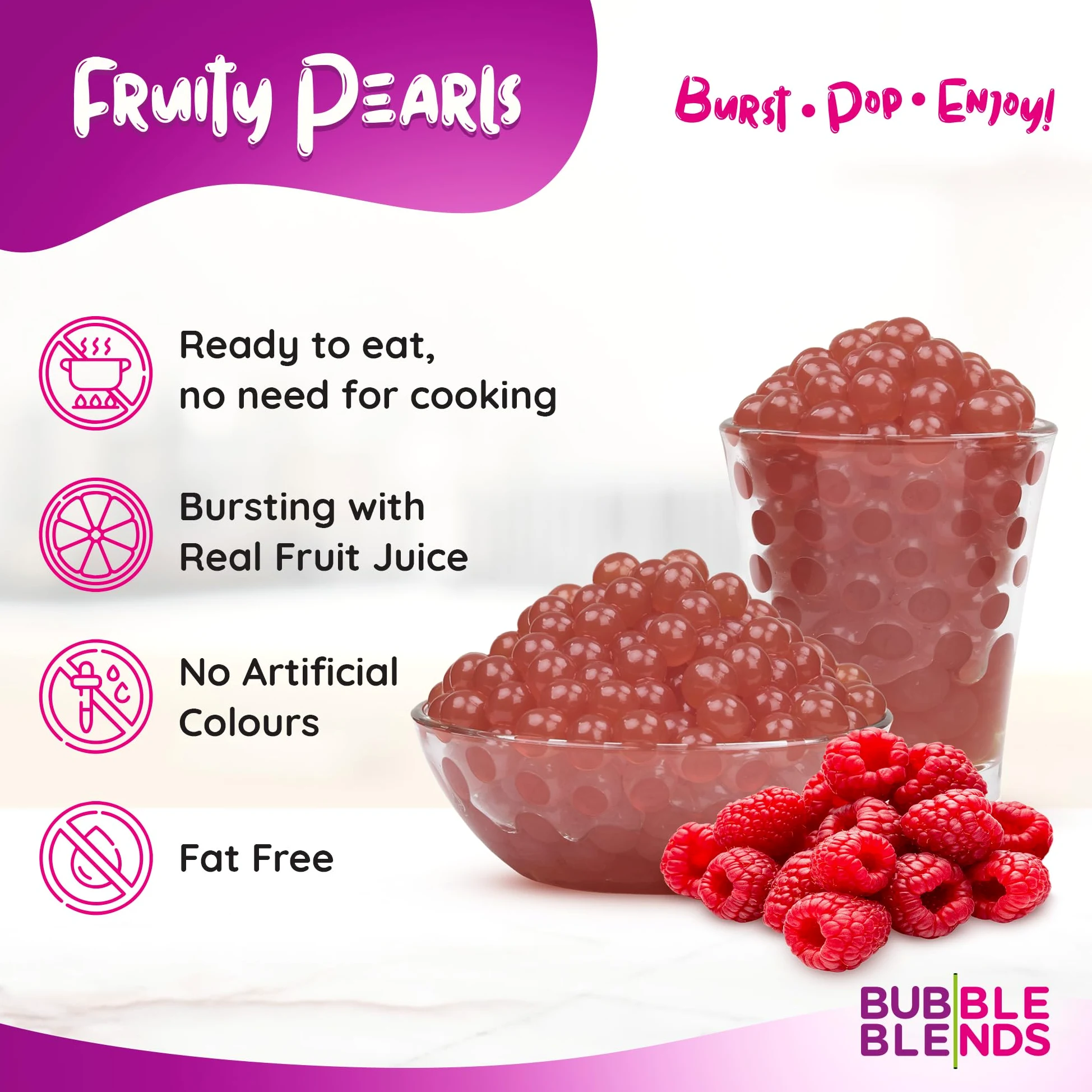 Popping Boba Gusto Lampone 450 g - Bubble Blends Perle di Frutta con Vero Succo di Frutta - Senza Lattosio, 100% Senza Grassi e Senza Glutine (4.5 Porzioni) - Palline Bubble Tea, Bevande e Topping
