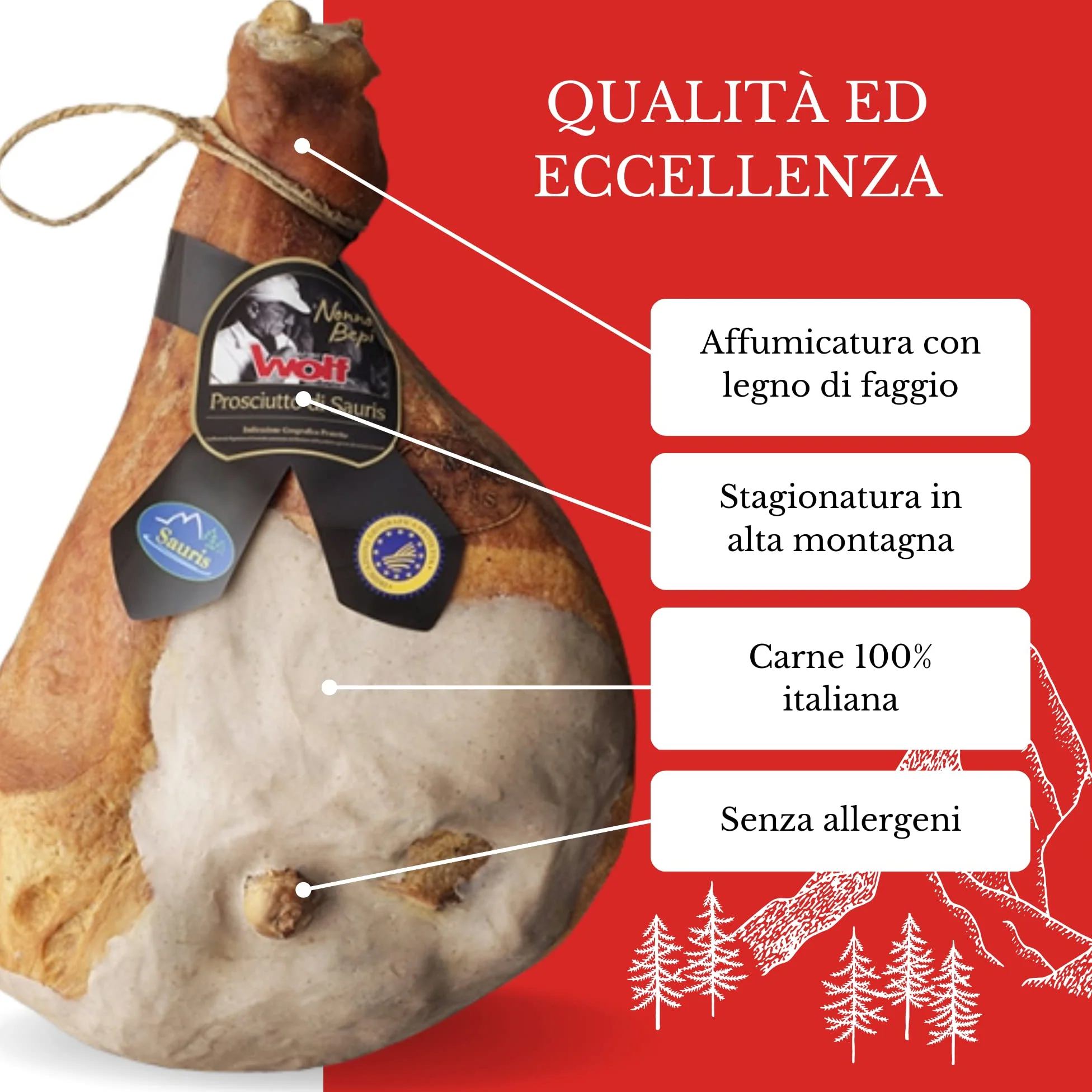 Wolf, Prosciutto di Sauris IGP Nonno Bepi, Trancio, Prodotto con Tradizionale Tecnica di Affumicatura, Carne 100% Italiana, Lunga Stagionatura, Senza Glutine, 1,6 kg (min. netto garantito)