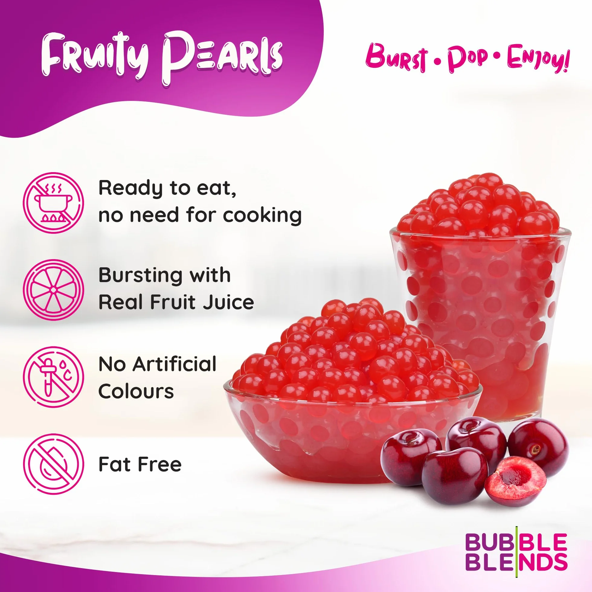 Bubble Blends Cherry PoppingBoba (2.2lbs) - Popping Pearls 100% Fat-Free - Real Fruit Juice - Bursting BobaPearls for Bubble Tea, BobaDrink Sinkers & Dessert Toppings