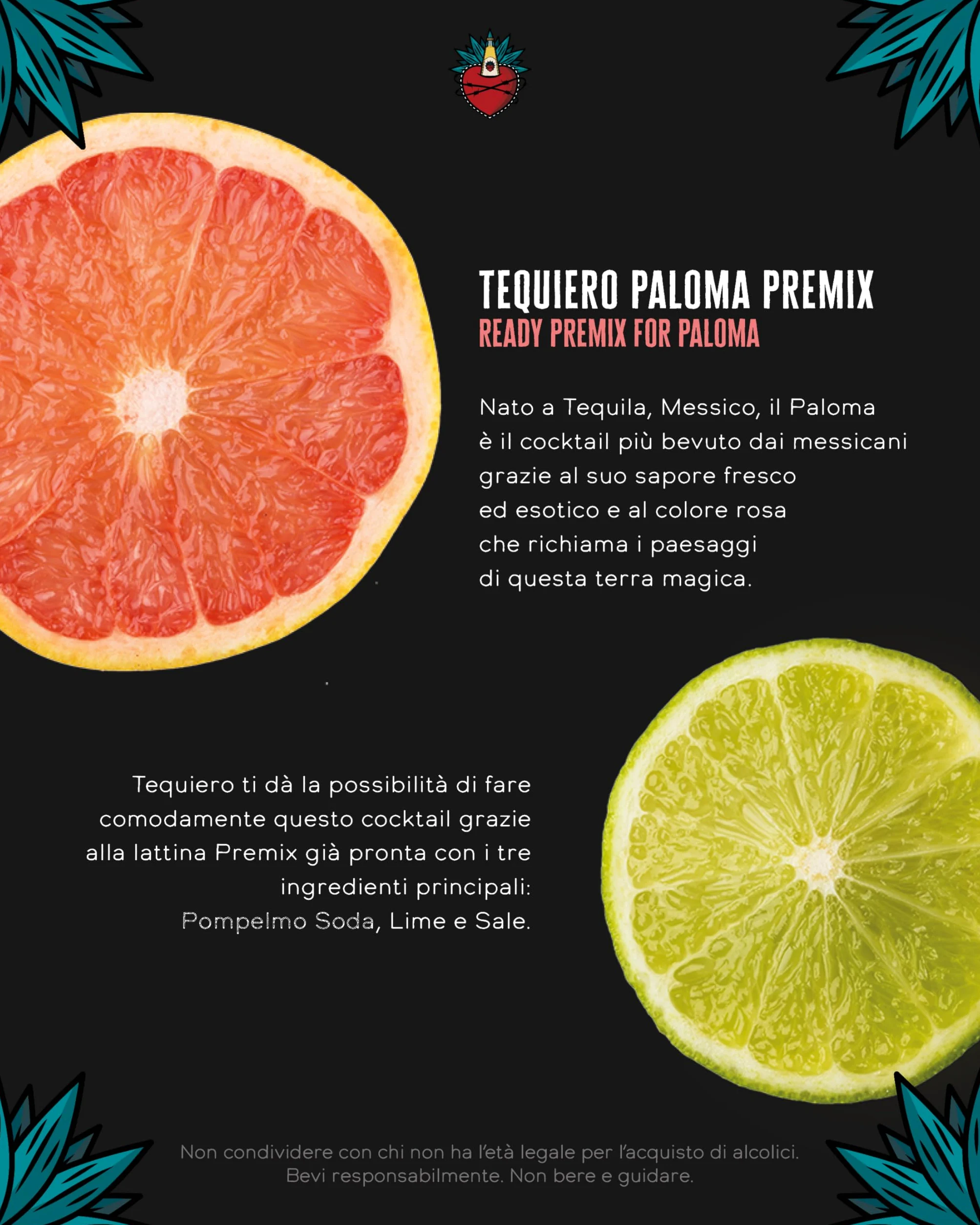 Tequiero Soda Pompelmo, Lime e Sale. Tequiero Paloma Premix. Bevanda agrumata con pompelmo rosa. Analcolico. Note fresche e floreali. Lattina da 250ml - Pack da 24 lattine.