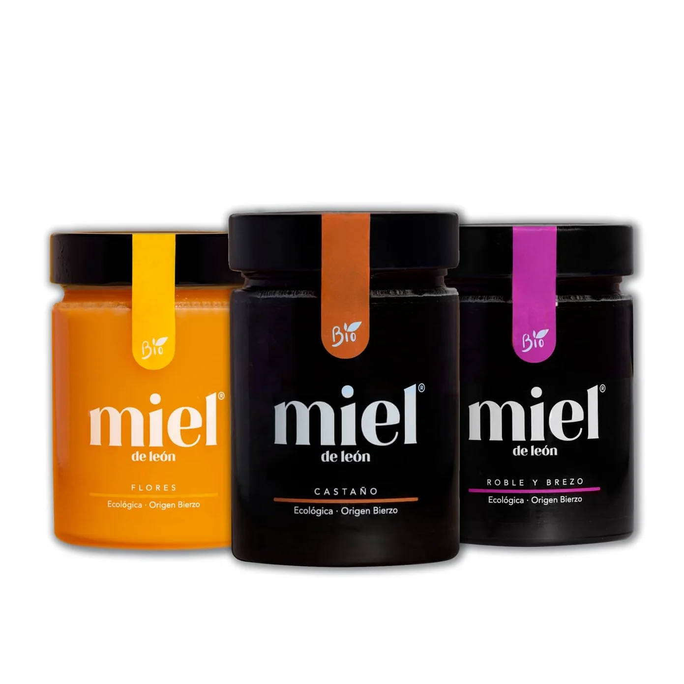 Miele puro d'api. Confezione 6 Mieli 450gr ciascuno. 1) Di fiori. 2) Di Erica e Quercia. 3) Di Castagno. Prodotto artigianale di propria raccolta. Origine: Spagna.