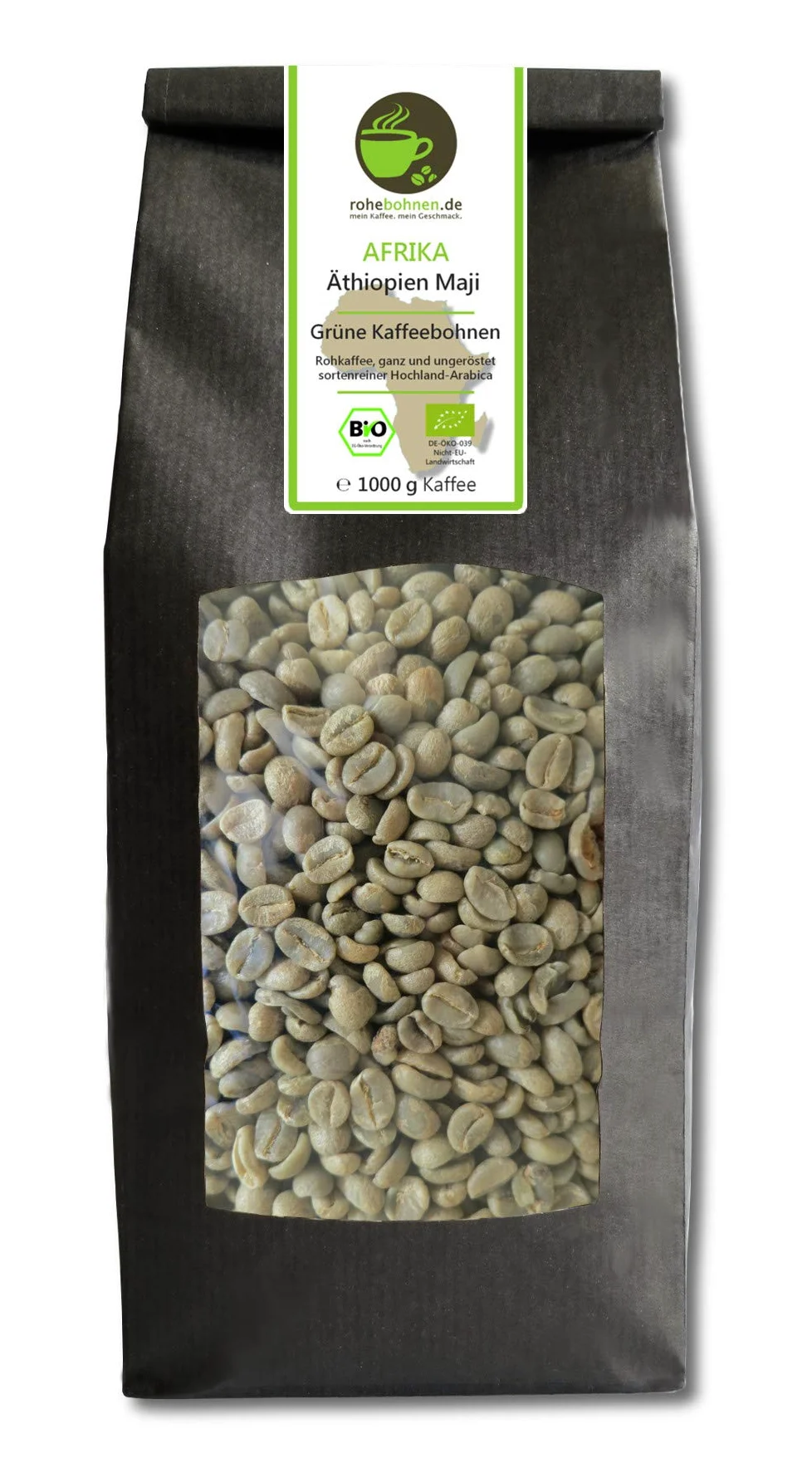 Caffè verde biologico Etiopia Maji - Green Highland Coffee (chicchi di caffè verde non tostado 1000g) - Certificato GMP
