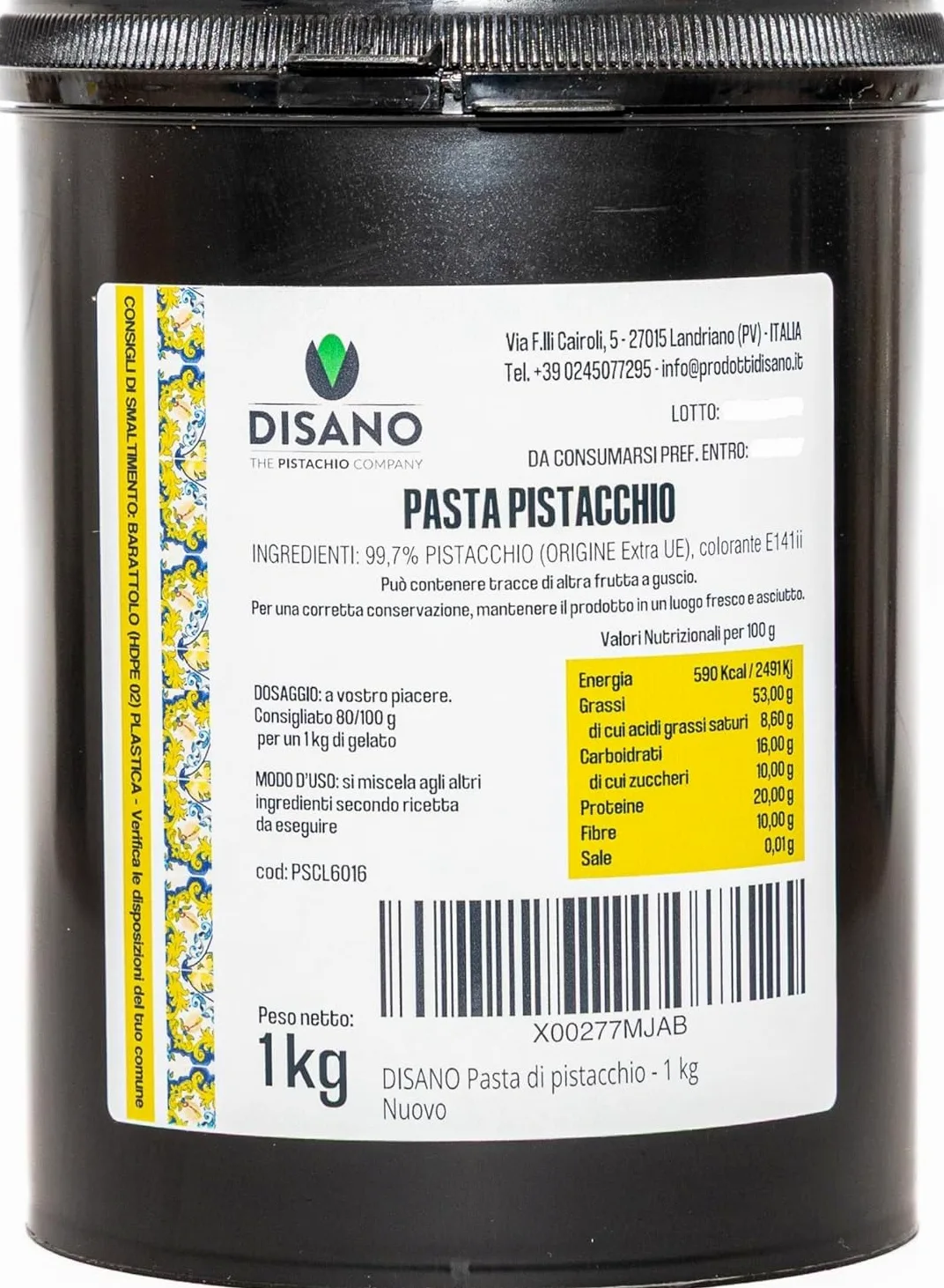 Pasta Pura di Pistacchio 1kg Disano – Pistacchi Selezionati – Ideale per Gelato, Creme e Pasticceria – Gusto Intenso e Naturale – Lavorata in Italia - Origine Pistacchi Extra UE