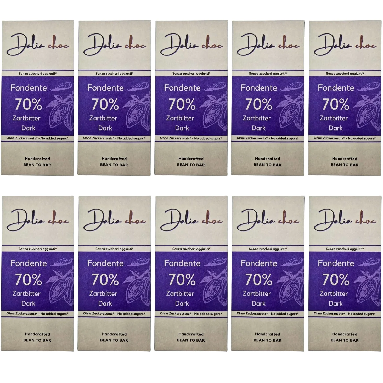 Dalia Choc - Tavolette di cioccolato PREMIUM - 10 Pezzi | Senza Aggiunta di Zuccheri | Prodotto in ITALIA | BEAN TO BAR - FONDENTE