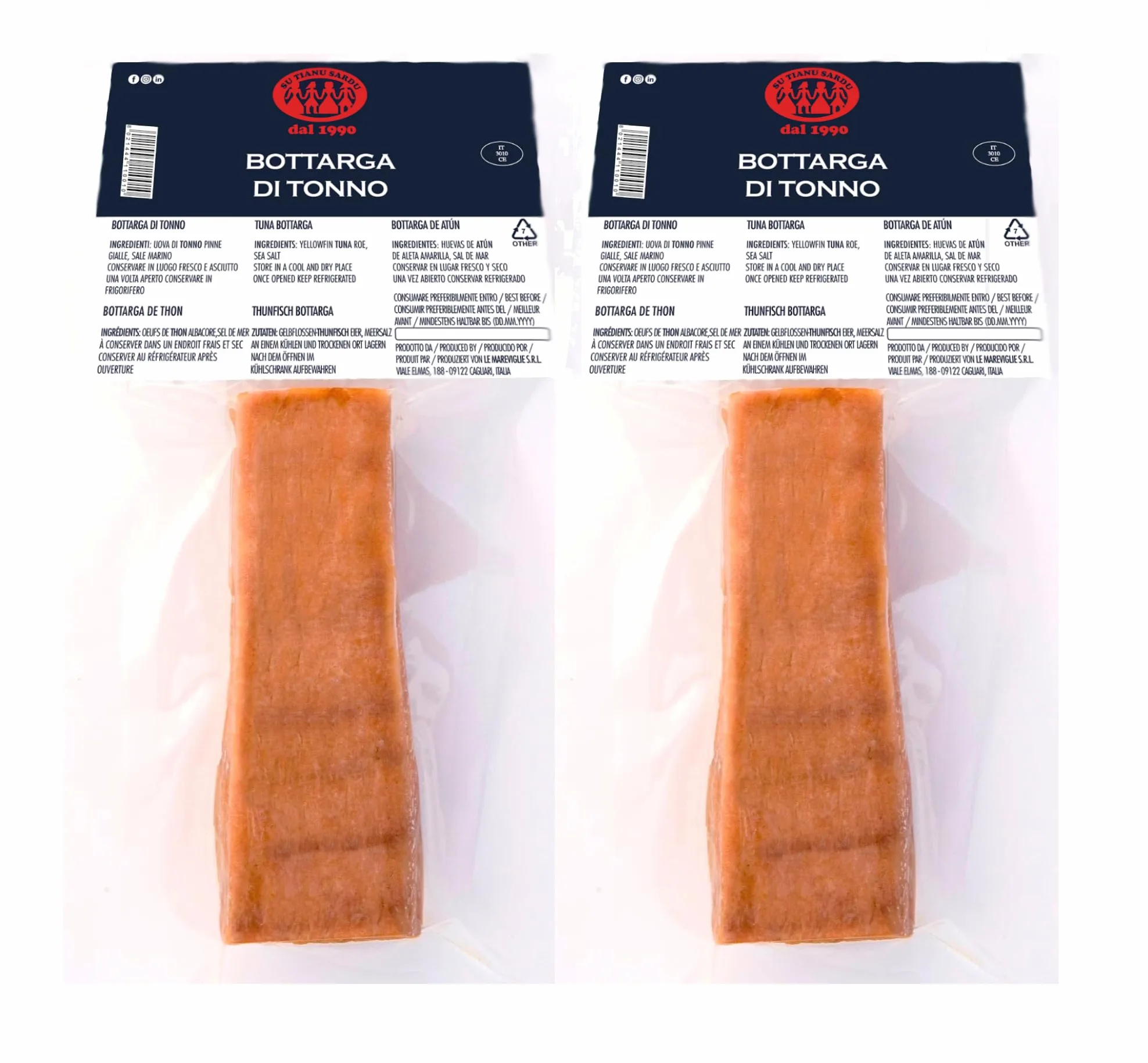 Bottarga di Tonno Su Tianu Sardu 250g GARANTITI - 2 confezioni da 100/150g - Lavorata a mano in Sardegna - Uova di tonno salate e essiccate - Produzione artigianale sarda certificata kosher