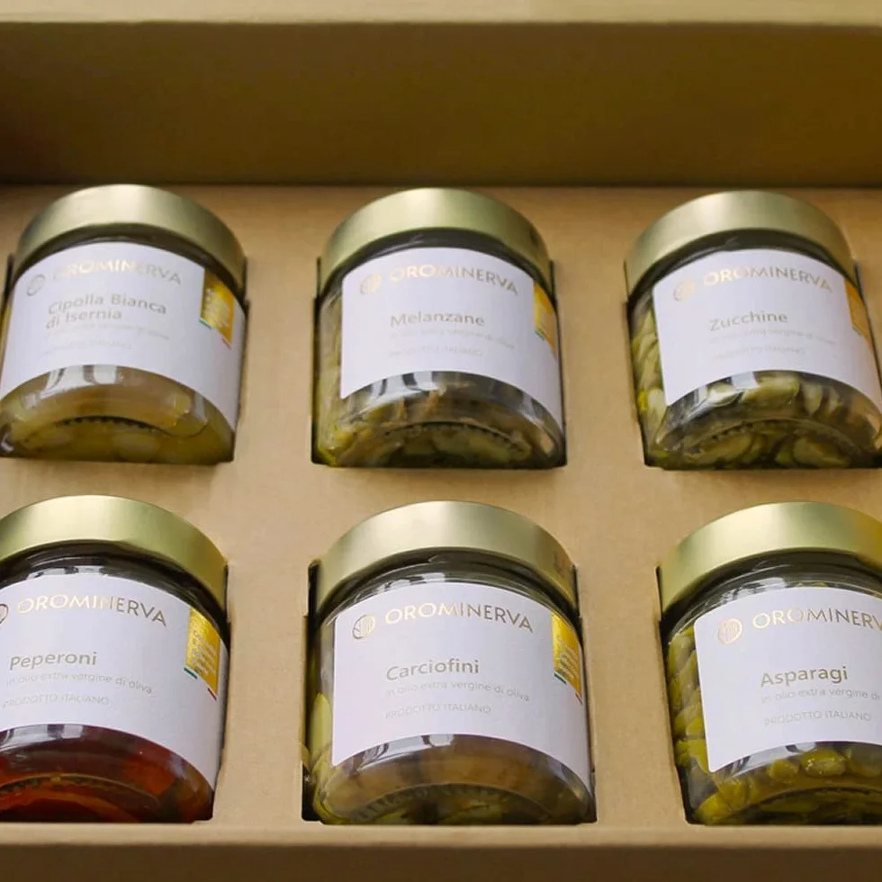 OROMINERVA - Box Territorio - Confezione regalo alimentare con prodotti tipici, specialità italiane sott'olio: asparagi, carciofini, melanzane, peperoni, zucchine, cipolla bianca di Isernia.