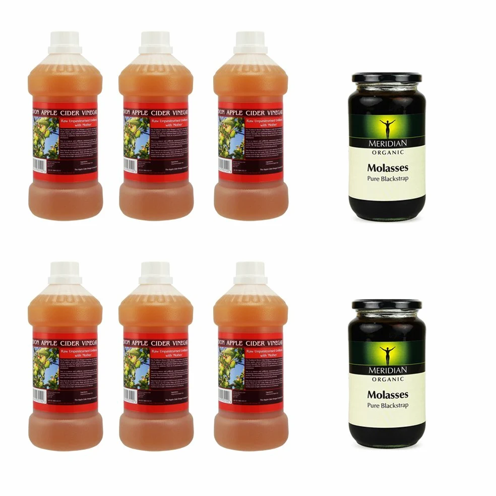 6 x Aceto di sidro di mele con "Madre" - 1000 ml naturale e non filtrato - con 2 x melassa bio Blackstrap 600 grammi