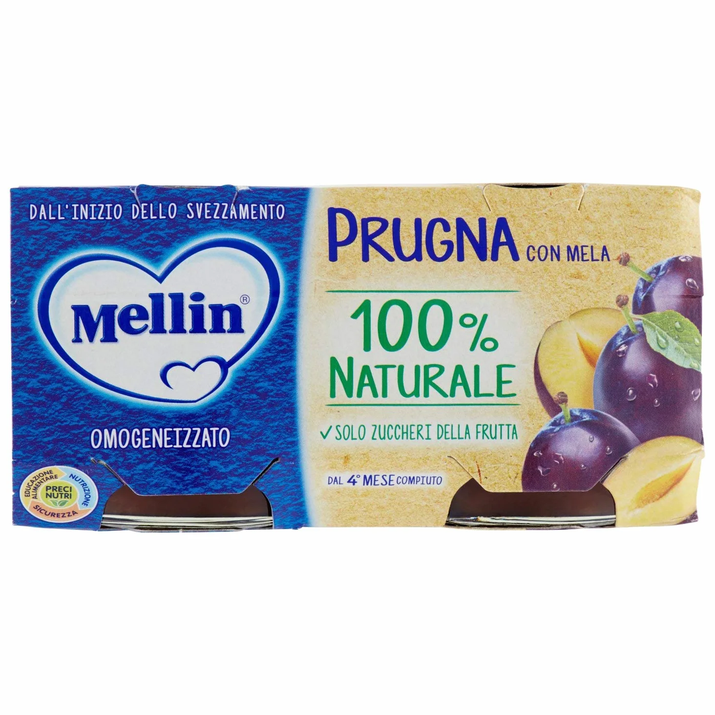 Mellin Omogeneizzato Di Frutta Prugna con Mela 100% Naturale – 24 Vasetti da 100 gr