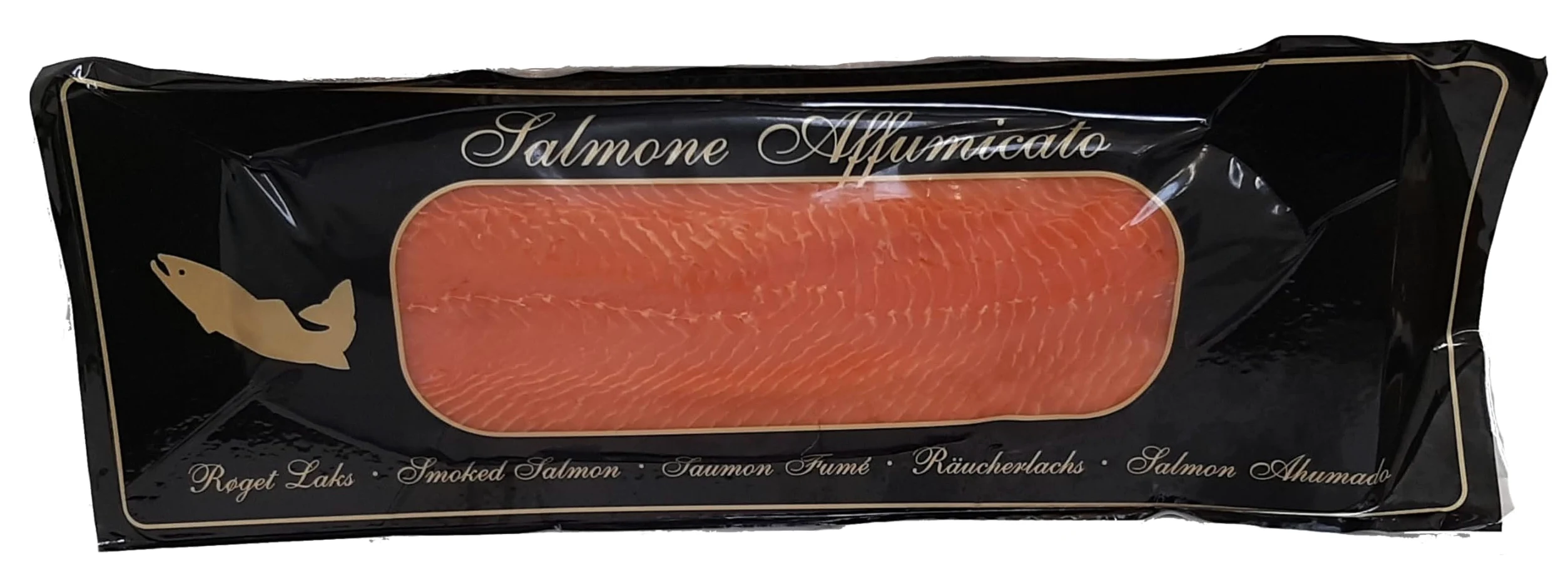 2 pezzi di Salmone Affumicato Norvegese (peso da 0,900 Kg a 1,100 Kg) preaffettato e astucciato. Con astuccio regalo nero.