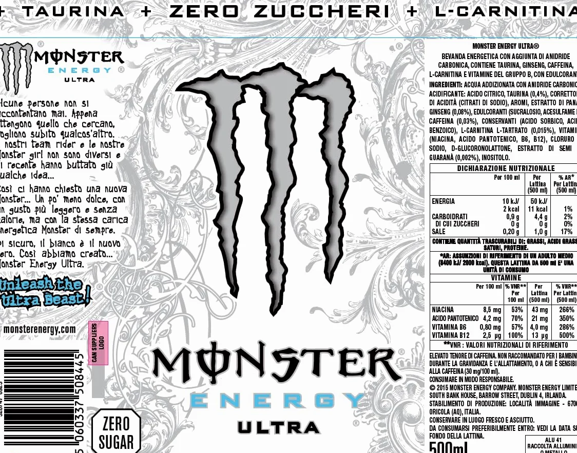 Monster Energy Ultra White – 24 Lattine da 500 ml, Energy Drink Zero Zuccheri e poche Calorie, Bevanda Energetica dal Gusto Leggero e Rinfrescante di Agrumi