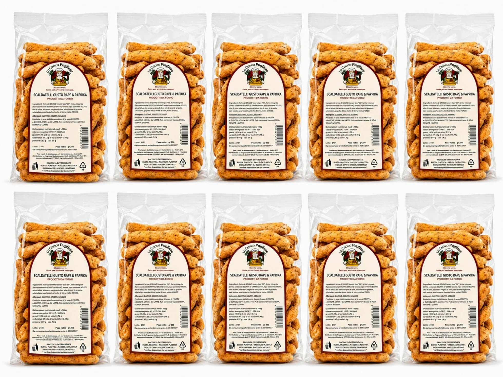 La Cuoca Pugliese - Scaldatelli Rape e Paprika, snack salato artigianale pugliese, prodotti da forno croccanti con farina integrale e spezie, 10 confezioni da 250 g