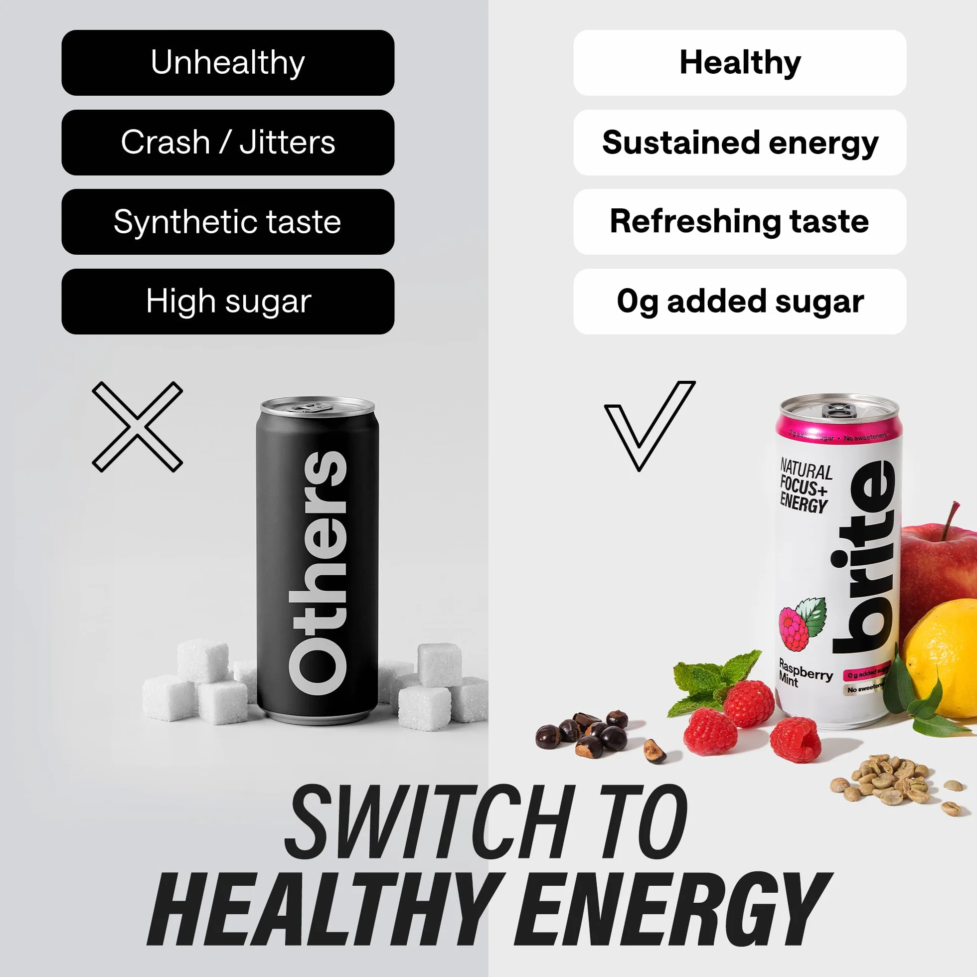 Brite Natural Focus. Bevanda energetica e alternativa al caffè per aumentare la produttività. A base vegetale, a basso contenuto calorico, vegana, senza glutine. Lampone e menta 12 x 330 ml.