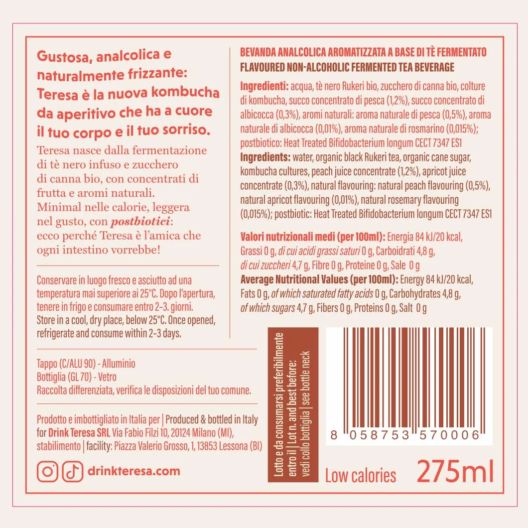 Teresa alla Pesca | Thè kombucha analcolico, naturale con postbiotici. Bevanda low calorie, low sugar e vegana. Confezione 8 bottiglie x 275ml.