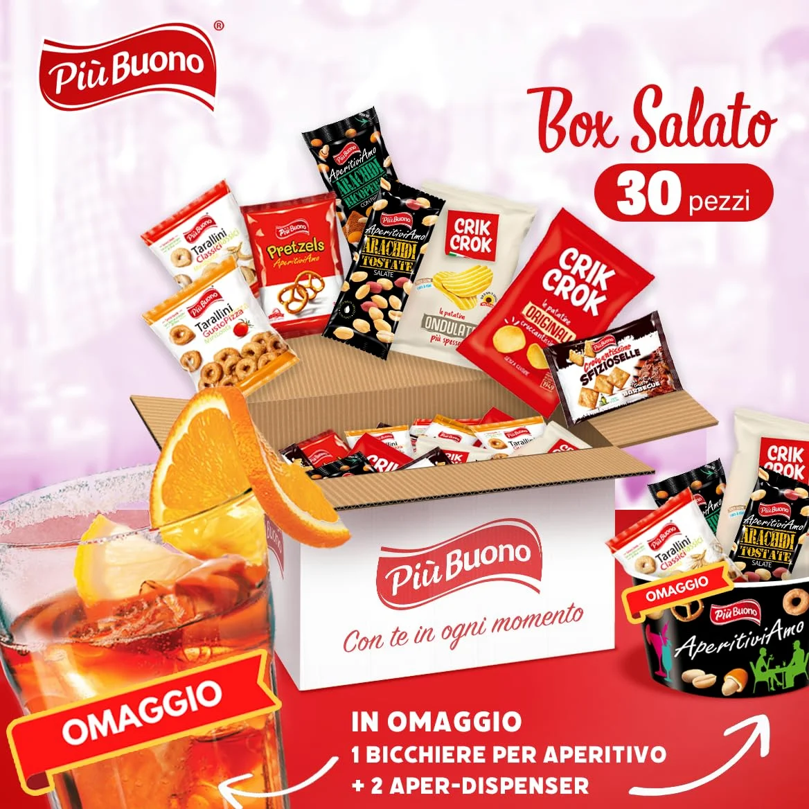 Più Buono Box aperitivo salato 30 PEZZI Tutto rigorosamente MONOPORZIONATO ciotola e bicchiere in vetro in omaggio patatnine snack salato stuzzichini