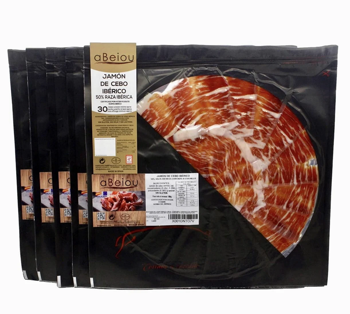 Prosciutto Iberico Crudo Tagliato a Mano 500 g (5 piatti) — Stagionatura +30 Mesi — Cert. Hycer — Guijuelo Spagnolo — Jamón Ibérico — aBeiou