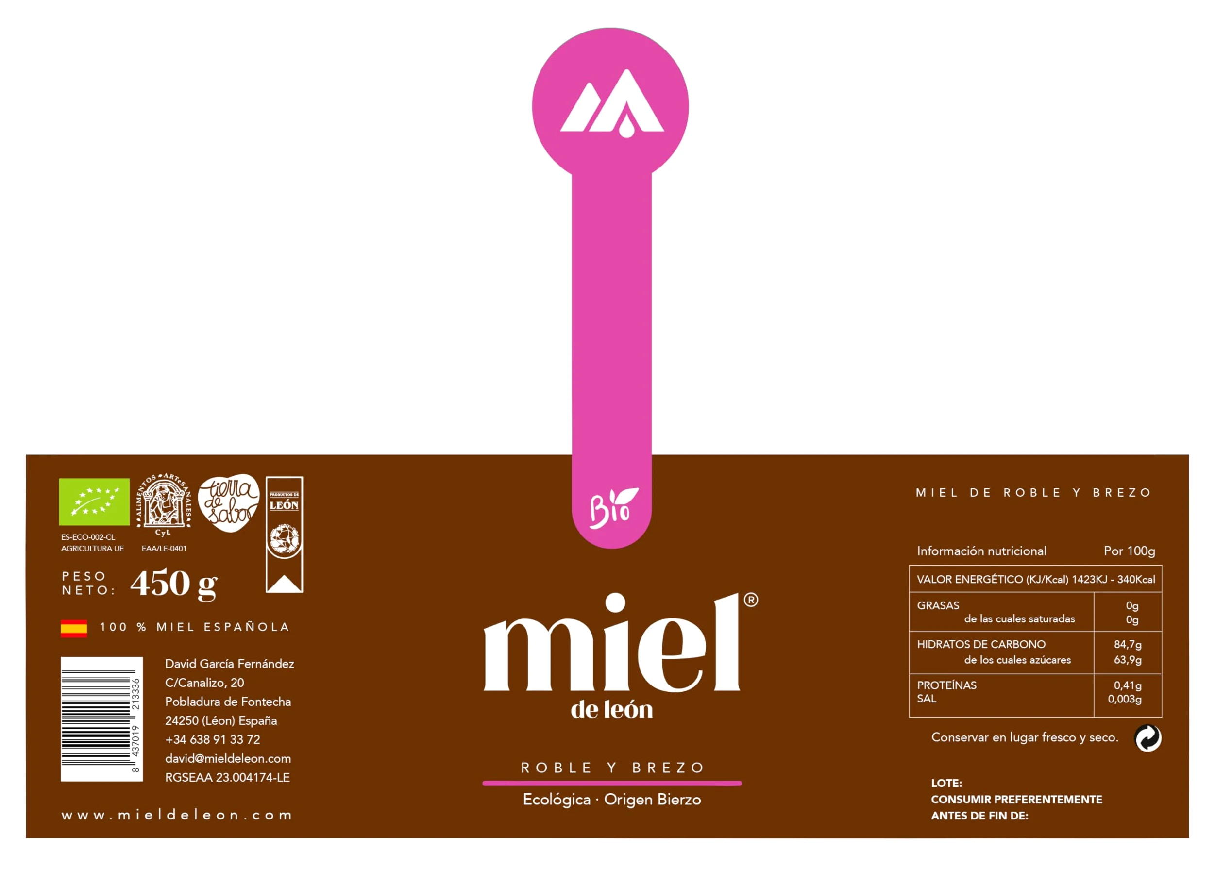 Miele puro d'api. Confezione 6 Mieli 450gr ciascuno. 1) Di fiori. 2) Di Erica e Quercia. 3) Di Castagno. Prodotto artigianale di propria raccolta. Origine: Spagna.