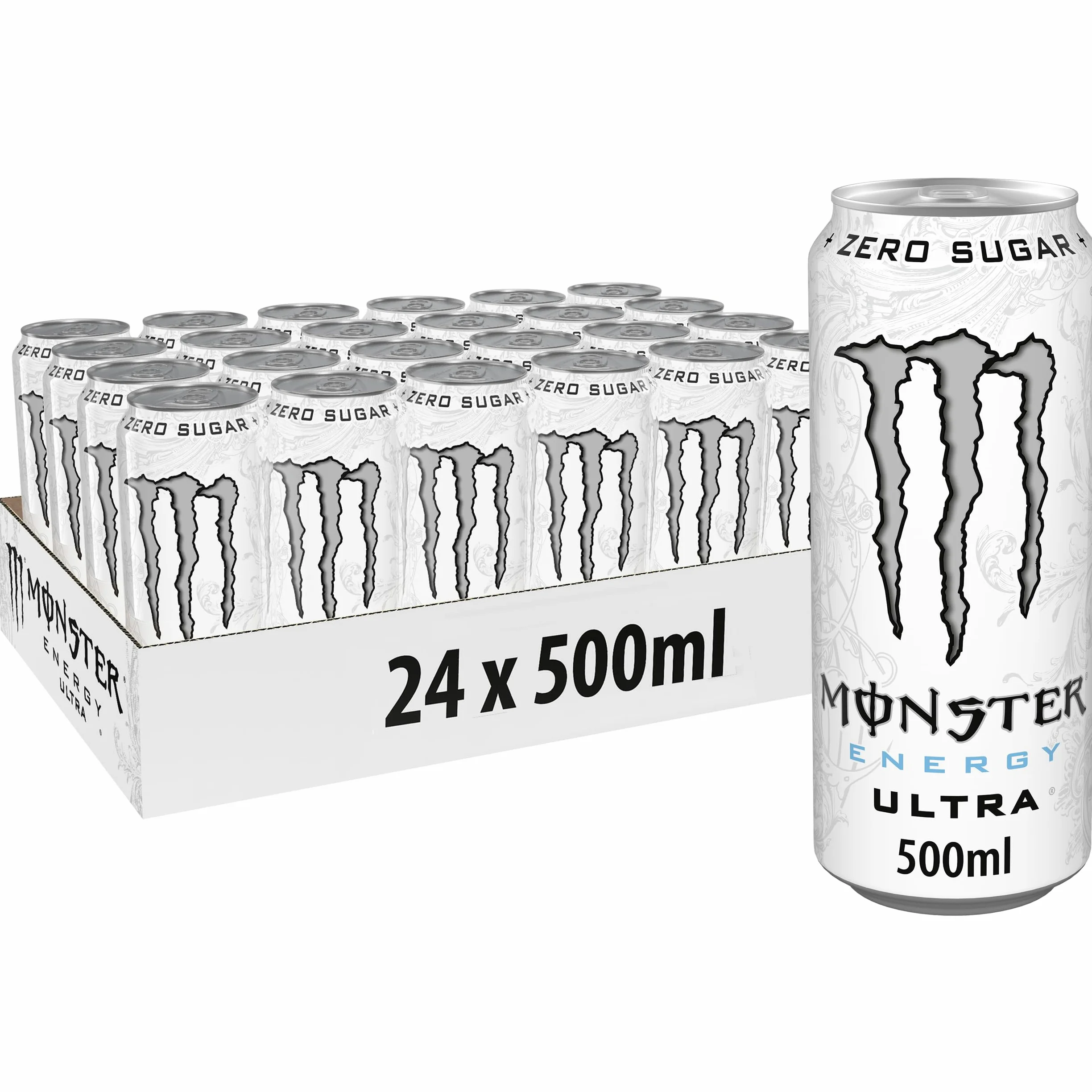 Monster Energy Ultra White – 24 Lattine da 500 ml, Energy Drink Zero Zuccheri e poche Calorie, Bevanda Energetica dal Gusto Leggero e Rinfrescante di Agrumi