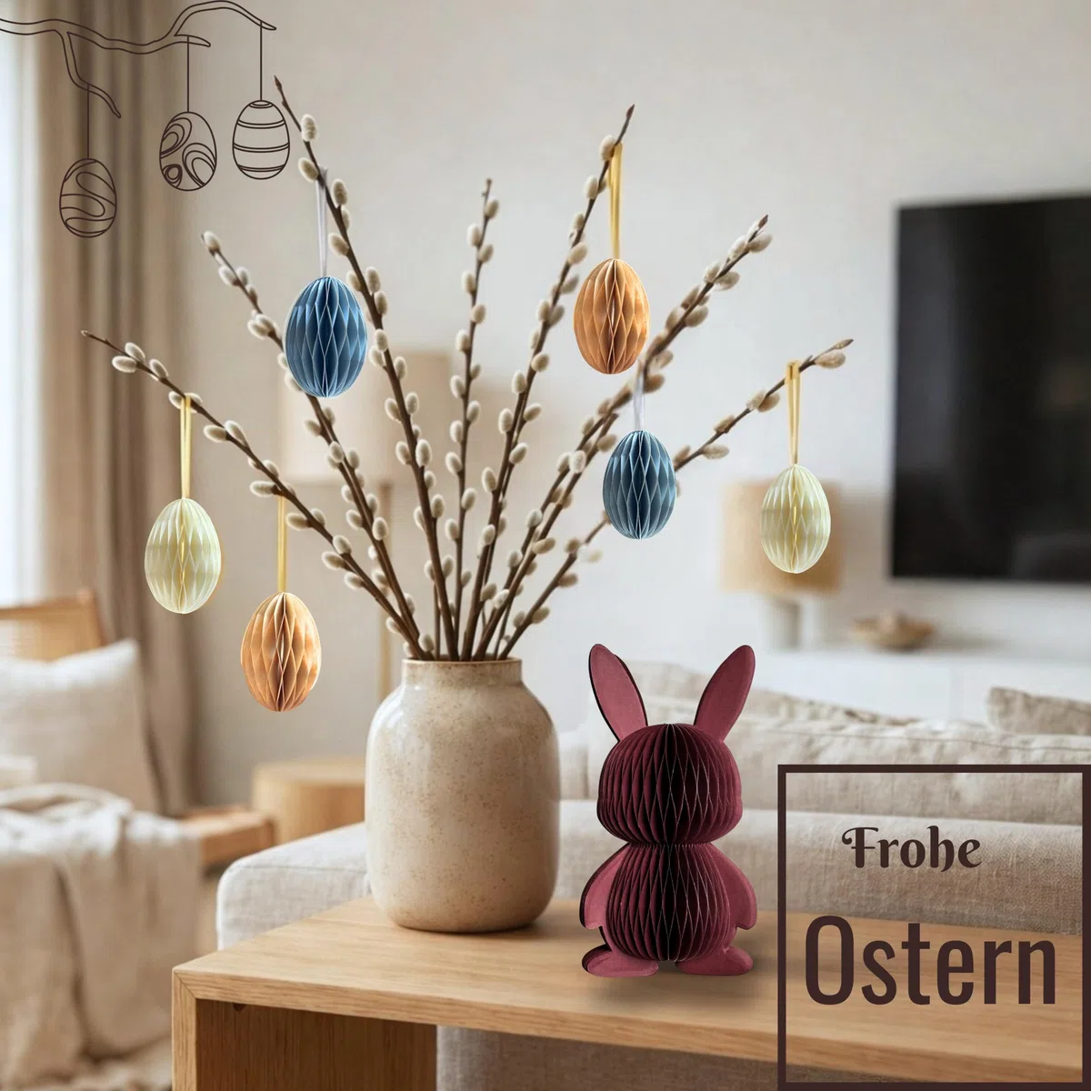 Set di 7 decorazioni pasquali – Carta a nido d'ape, coniglietto pasquale rosso bordeaux (20 cm) e 6 uova di Pasqua da appendere, magnetica, riutilizzabile, decorazione primaverile per