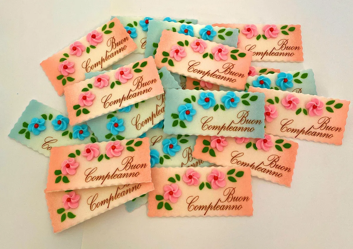 ITALIAN PIE - Biglietti/Targhette con fiori in pasta di zucchero con scritta Buon Compleanno per decorazione torte e gelati - 30pz. - MADE IN ITALY