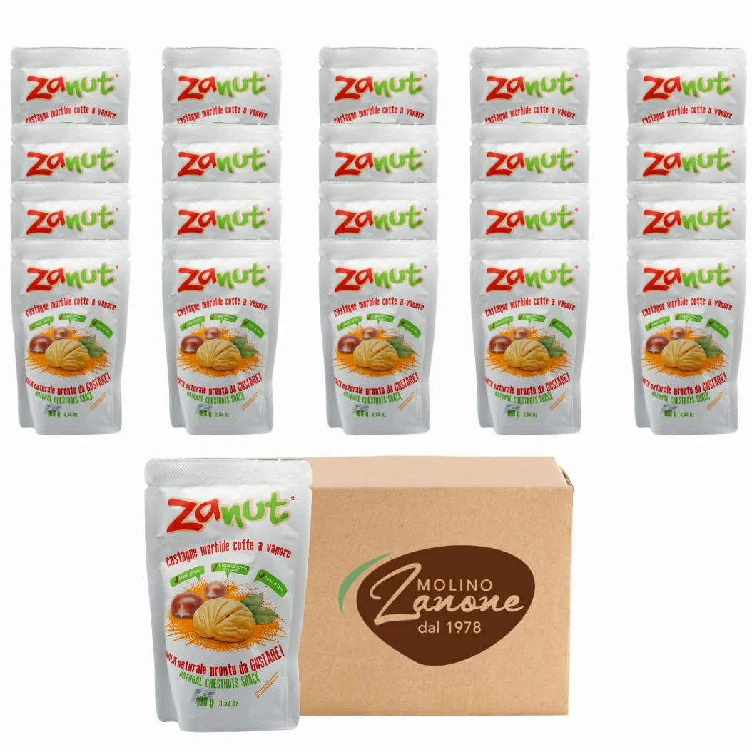 Maxi Box Zanut Contenente 20 Pezzi Da 100 g Castagne Morbide Cotte A Vapore Snack Naturali Pronti Da Gustare Senza Glutine E Senza Conservanti Basso Contenuto di Grassi e fonte Di Fibre