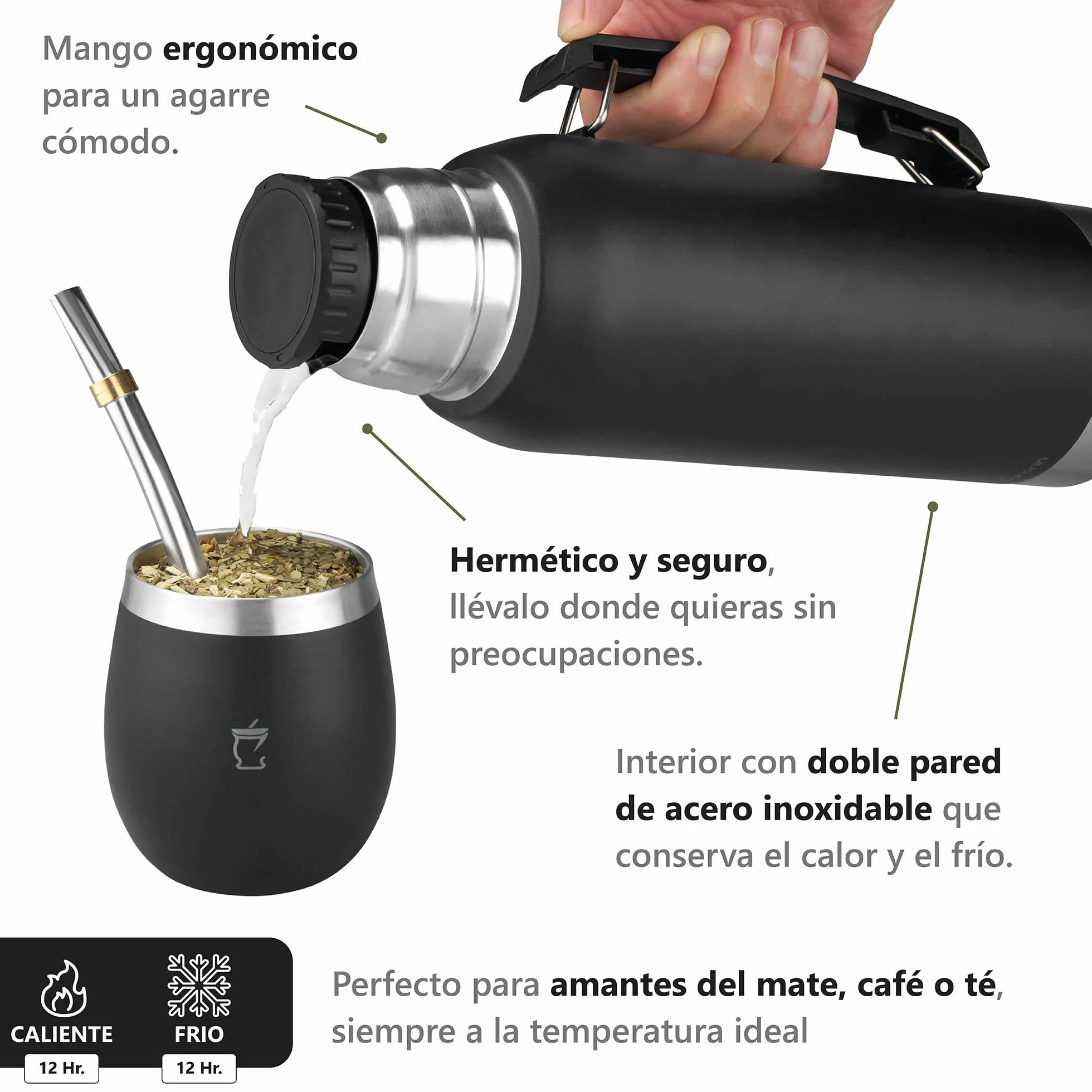 Mate Kit argentino - argentino opaco - set opaco - Yerba Mate - Lampadina opaca - Prodotti Argentina - Nero