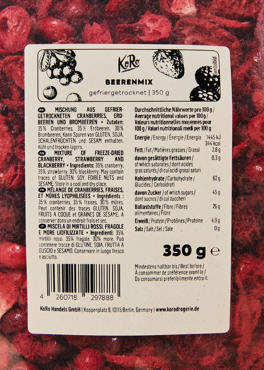 KoRo - Frutti di bosco liofilizzati 350 g - fragole, more e mirtilli rossi - da aggiungere al muesli o nel porridge - 100% frutta