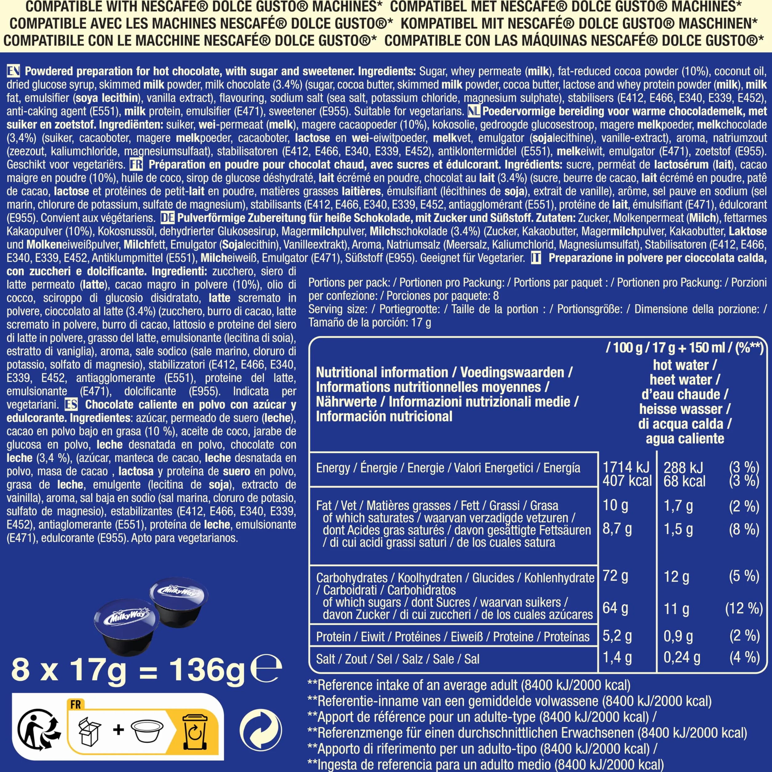 32 Capsule di cioccolata calda compatibili con Dolce Gusto - Mars, Twix, Milkyway, Maltesers (4 x 8 confezioni)