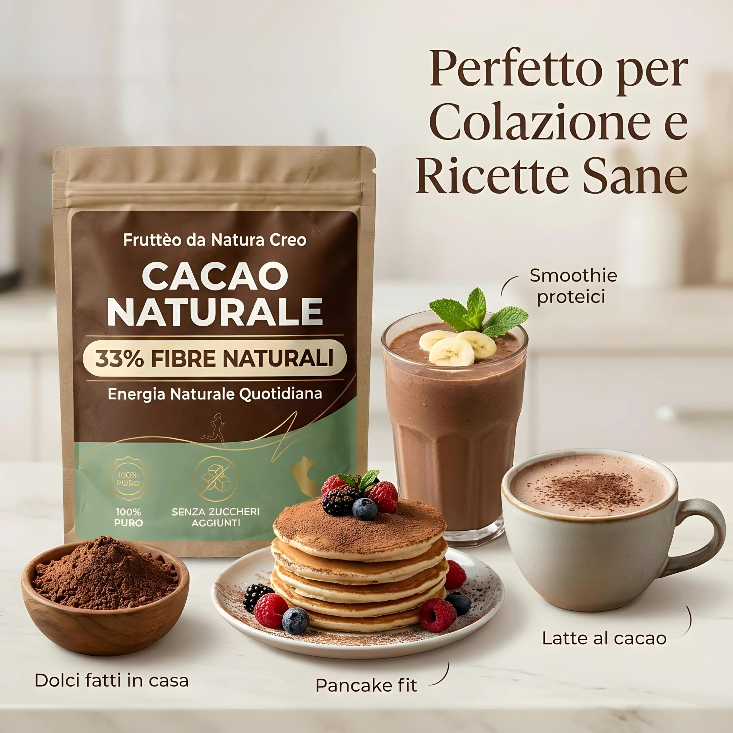 Cacao Amaro in Polvere 1 Kg – 100% Naturale Non Alcalinizzato – Alto Contenuto di Fibre (33%) – Senza Zucchero – Ideale per Dieta, Fitness e Colazione Sana