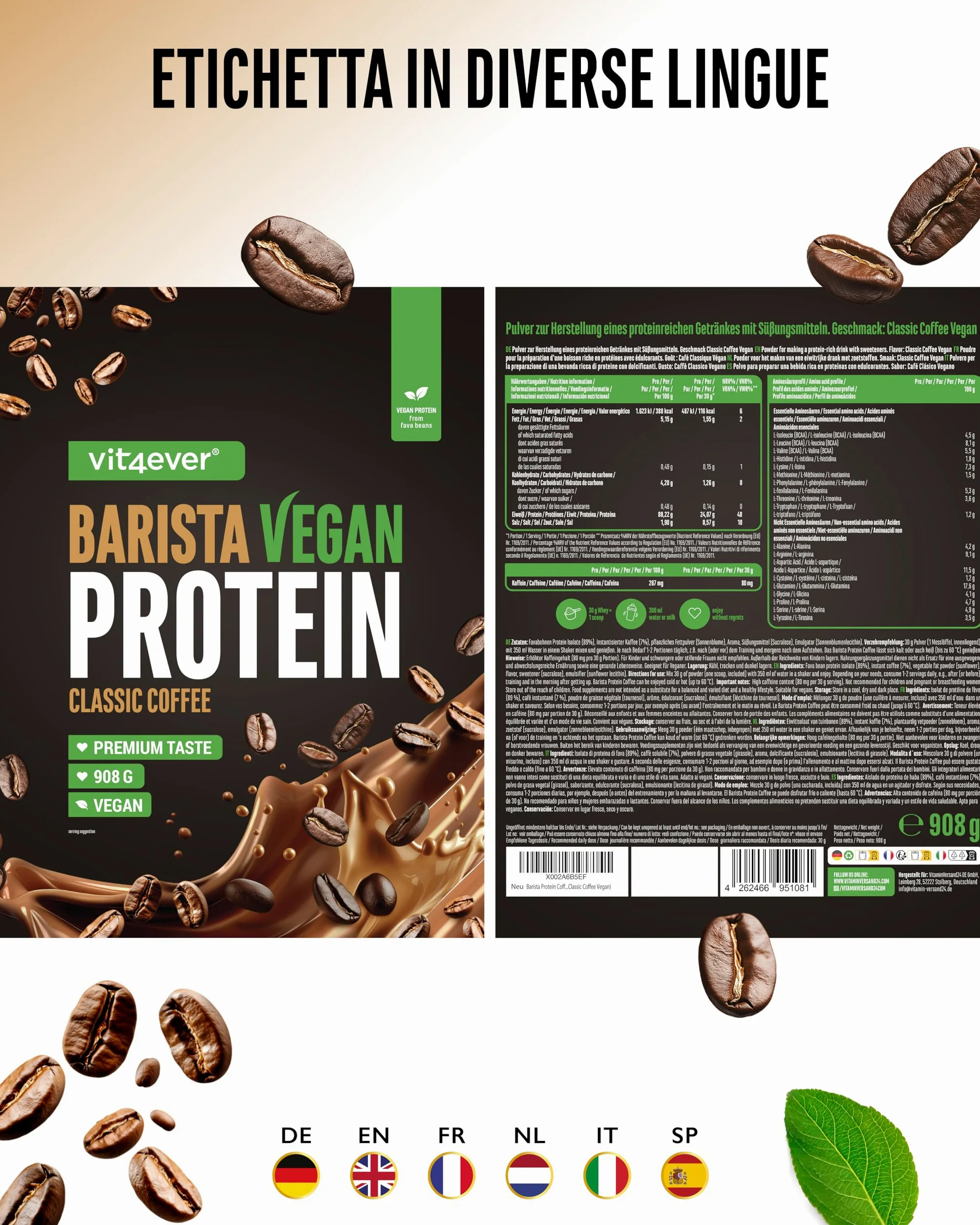 Barista Protein Coffee - Cremoso caffè proteico a base vegetale con fino a 24 g di proteine per porzione - con vero caffè, caffeina, pochi zuccheri e grassi, senza soia - (908 g, Classic vegan)