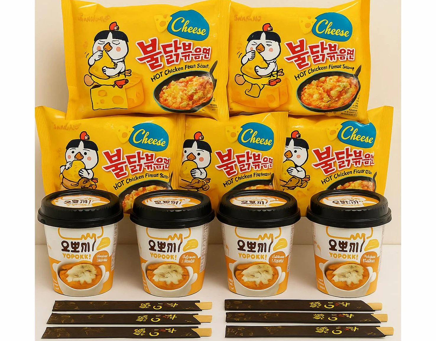MiFan Ramyun Box | Buldak Cheese Noodles & Tteokbokki al Formaggio con Bacchette Usa e Getta