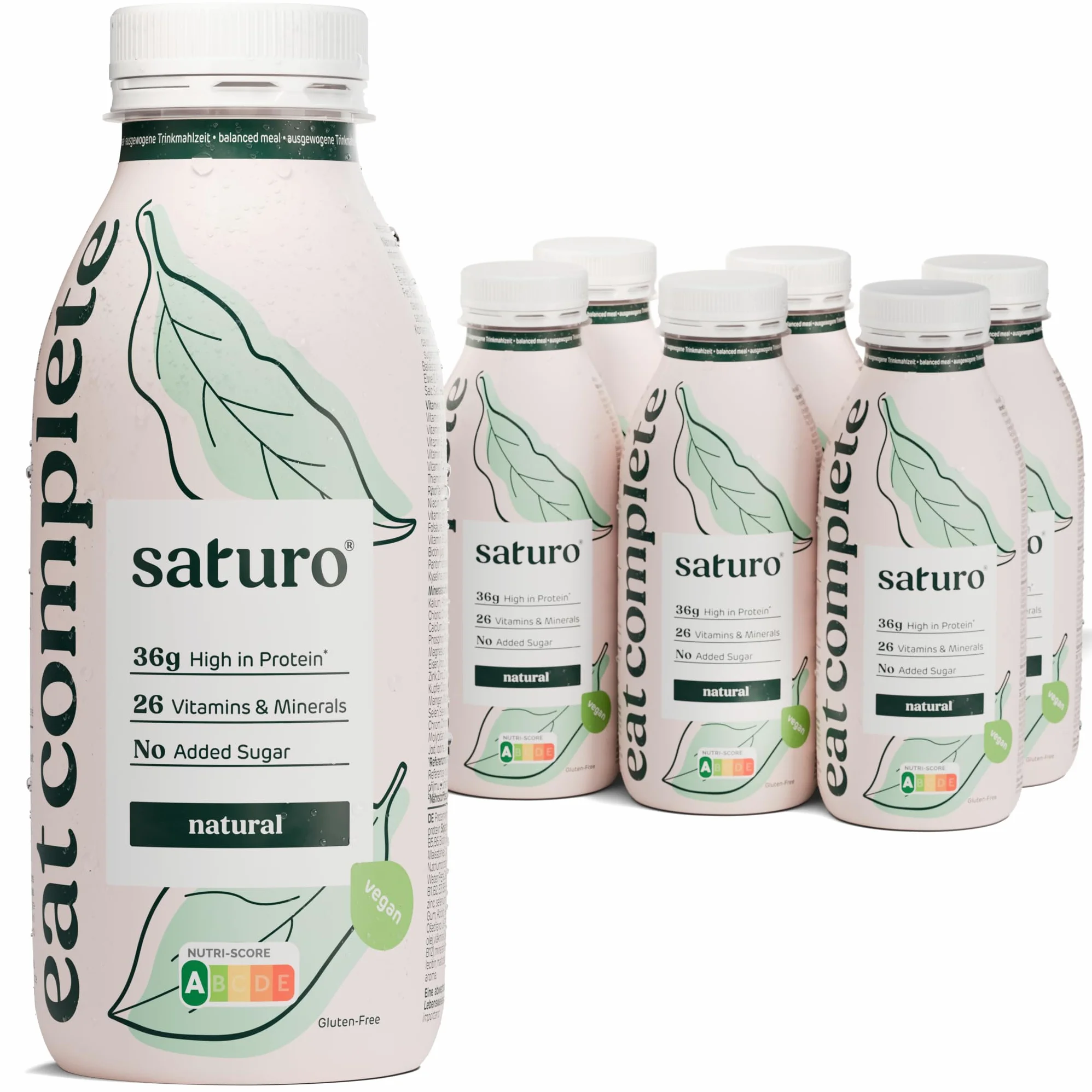 Saturo Pasto Sostitutivo Frullato Gusto Natural | 36 g di proteine & senza zucchero | 400 kcal | Vegano | Pasto Bevibile con Nutrienti Essenziali | 6 x 400 ml