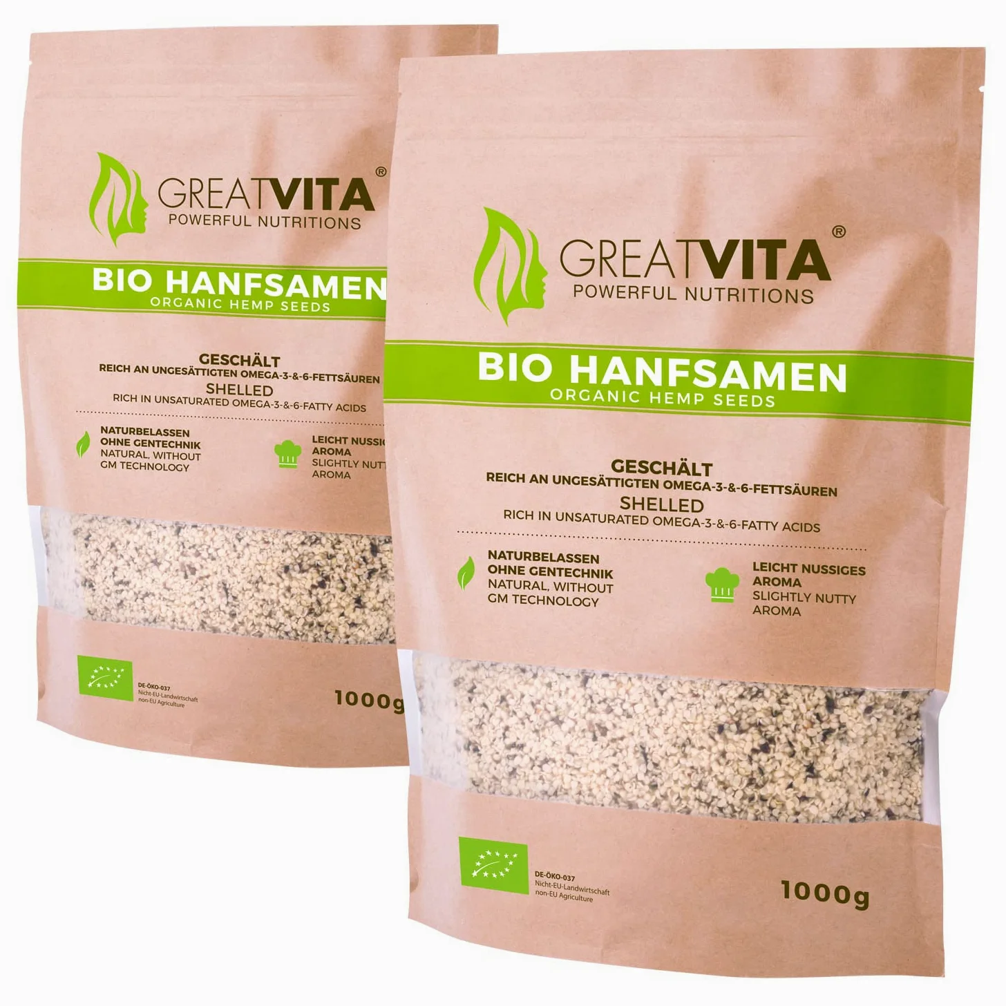 Semi di canapa organici MeaVita, pelati, confezione da 2 (2 x 1 kg)