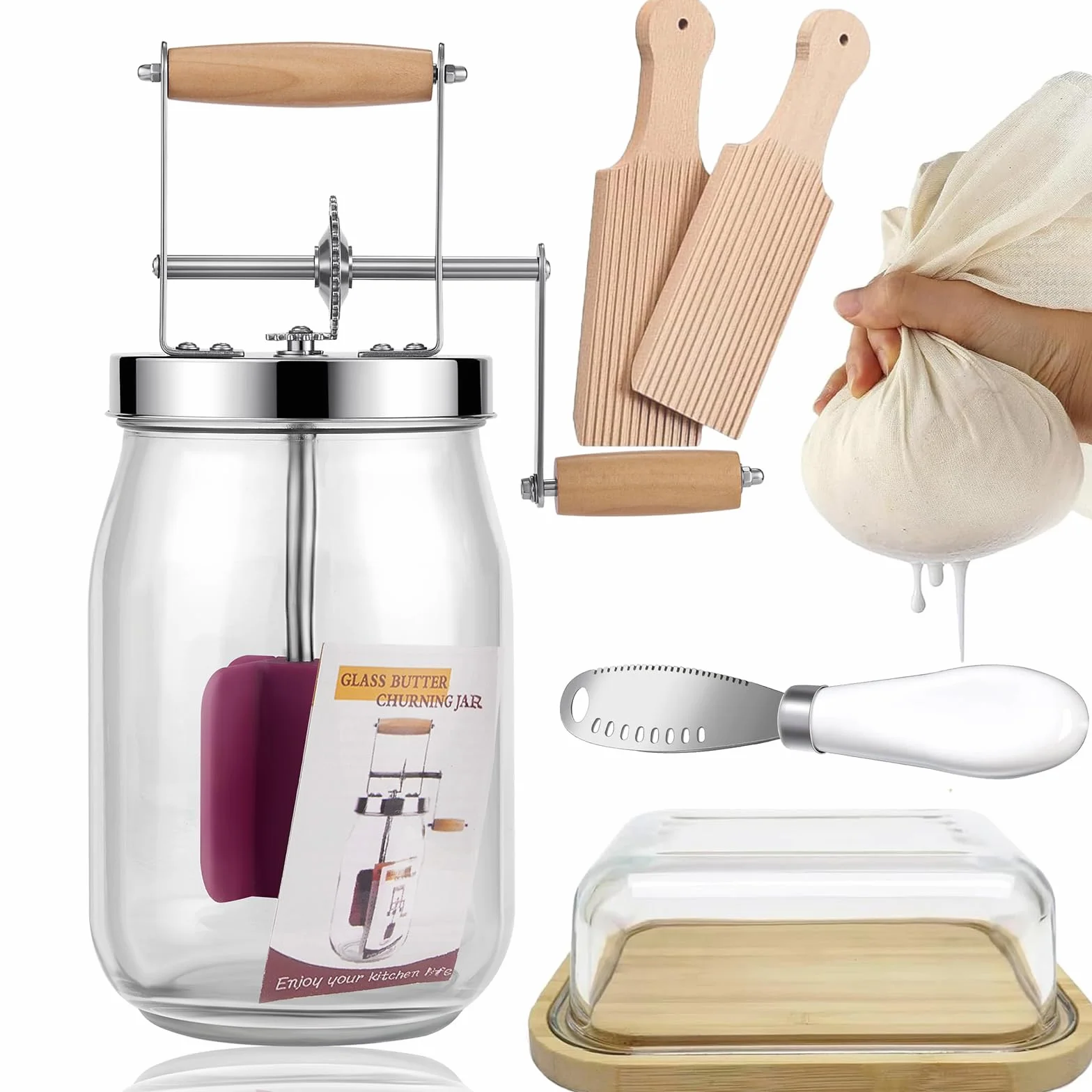 Botte per burro in vetro con manovella da 1,5 l, per fare burro con manico in legno, ingranaggi in acciaio inox, per fare il burro alle erbe, burro all'aglio (set da 1,5 l)