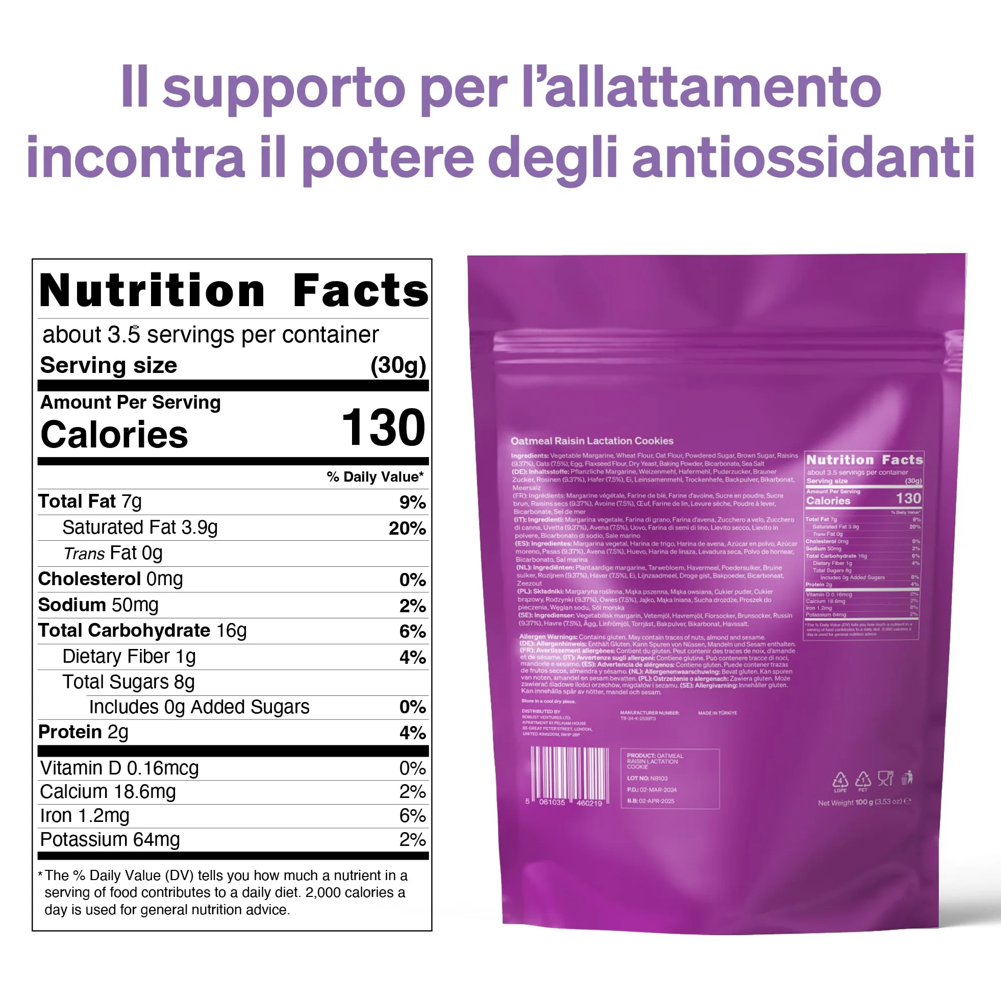 Biscotti per L'allattamento al Seno Love Noobs, Biscotti per L'allattamento, Snack salutare, 6 x 100 gr, Farina D'avena e Uvetta