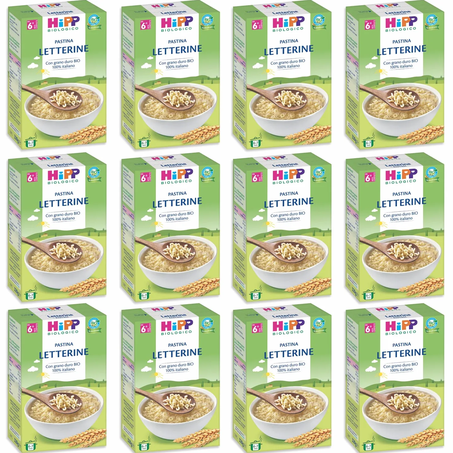 HiPP - Pastina per Svezzamento a Forma di Letterine, con Grano Duro Biologico 100% Italiano, 12 Confezioni 320 gr