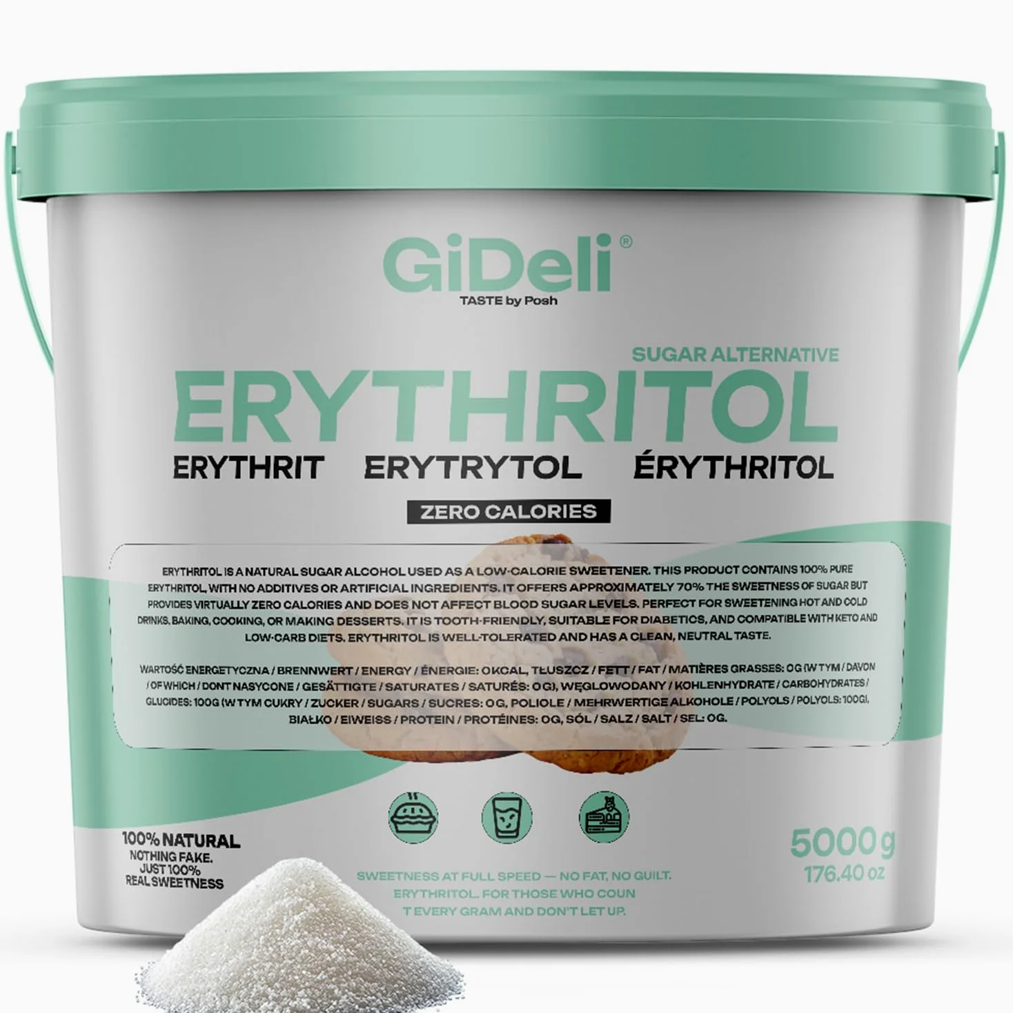 GiDeli Eritrito 5 kg in secchio, Zucchero semolato alimentare, Alternativa vegana e amica dei denti allo zucchero