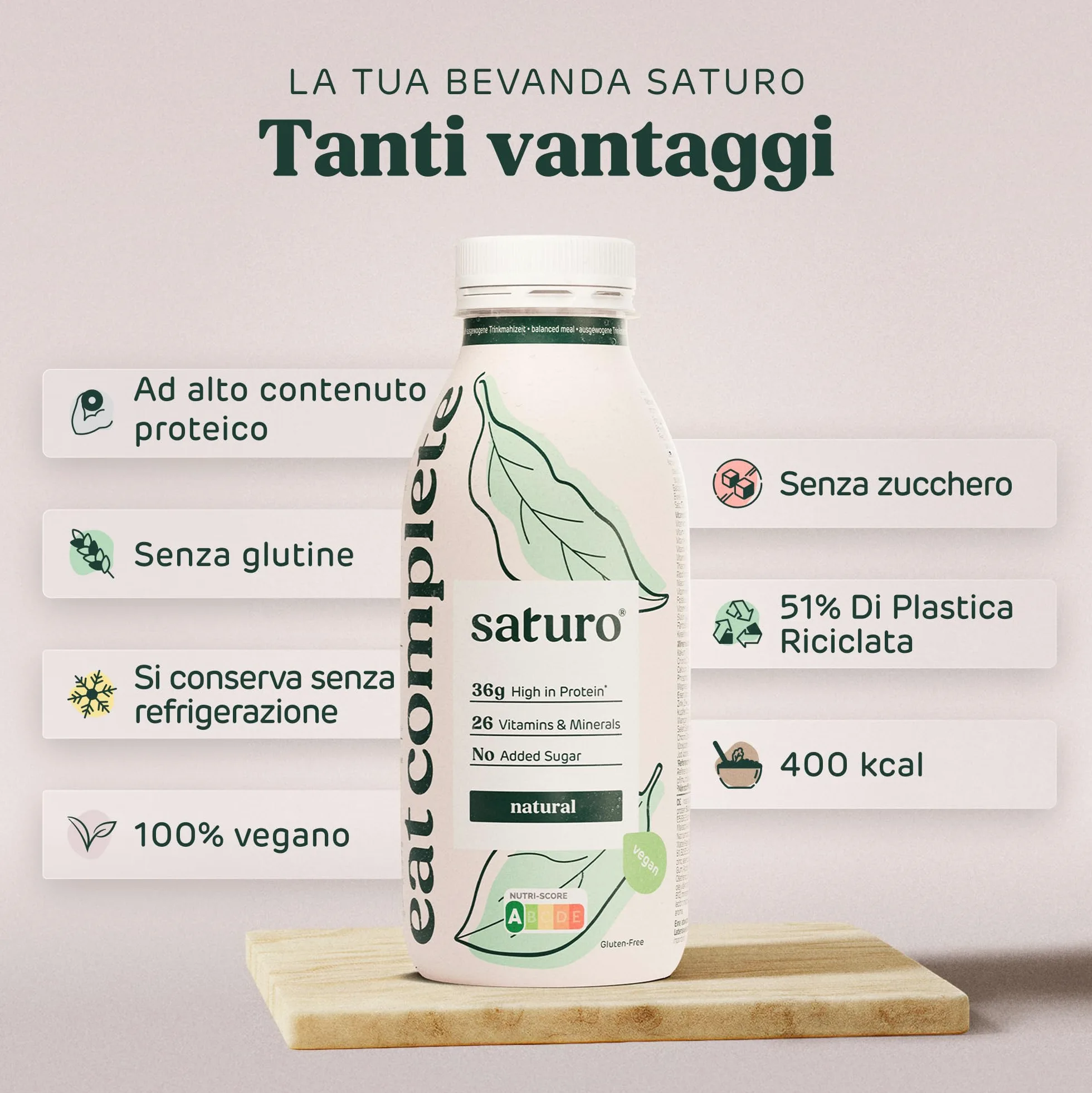 Saturo Pasto Sostitutivo Frullato Gusto Natural | 36 g di proteine & senza zucchero | 400 kcal | Vegano | Pasto Bevibile con Nutrienti Essenziali | 6 x 400 ml