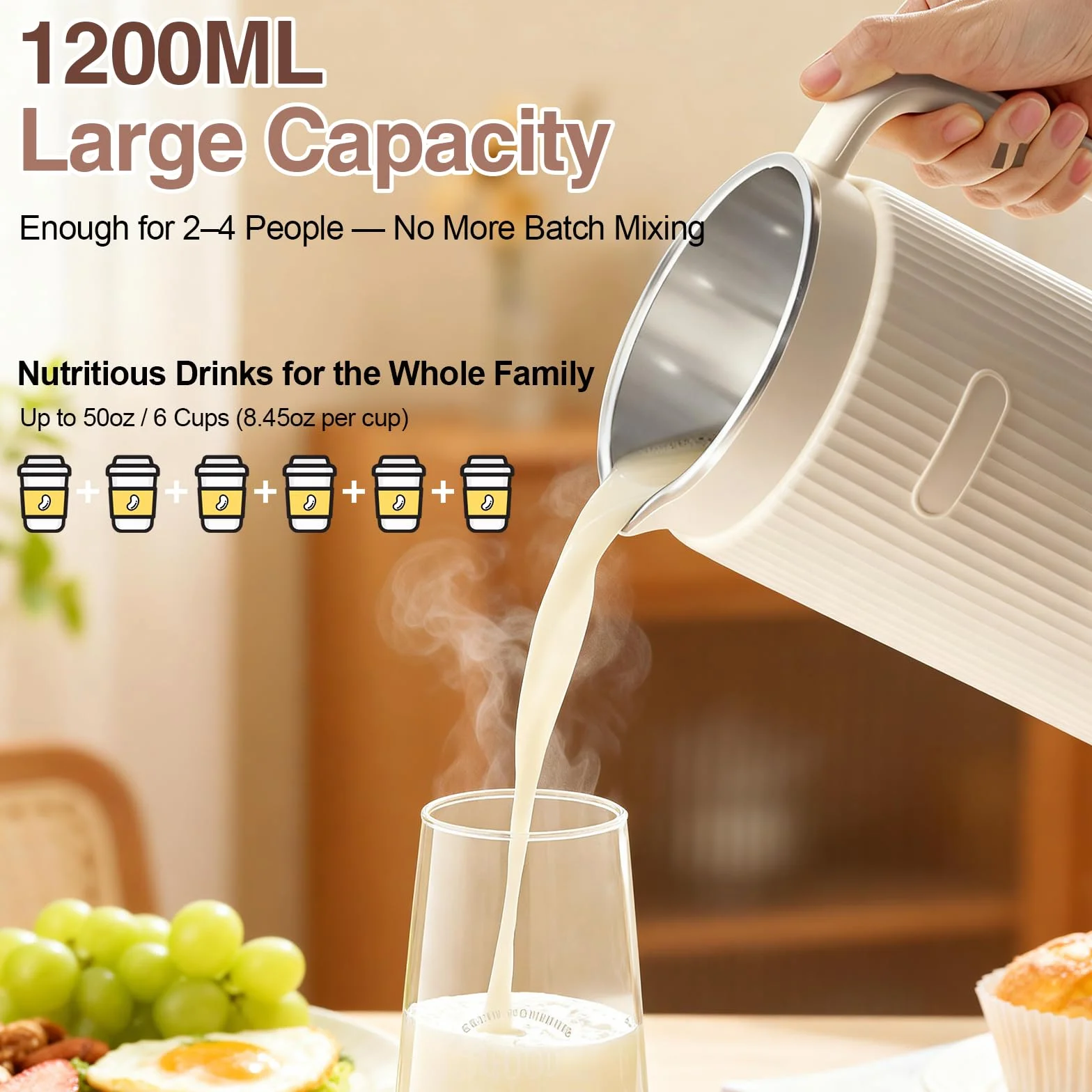 Macchina per latte di soia automatica 8 in 1, 1200 ml, macchina per il latte a base vegetale con avvio ritardato, mantiene caldo e autopulente per latte d'avena, latte di mandorle, zuppe, porridge e