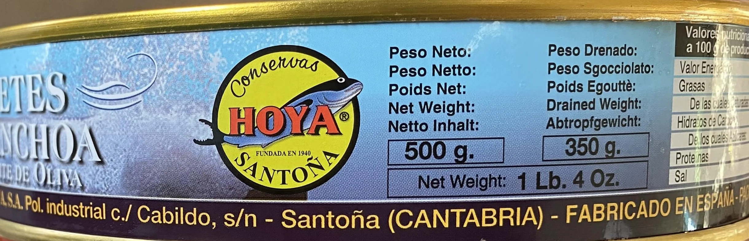 Hoya Santoña Acciughe del Cantabrico - Grandi Filetti di Alici sott'olio di Oliva selezionate di grandi dimensioni XL 00. (500g)