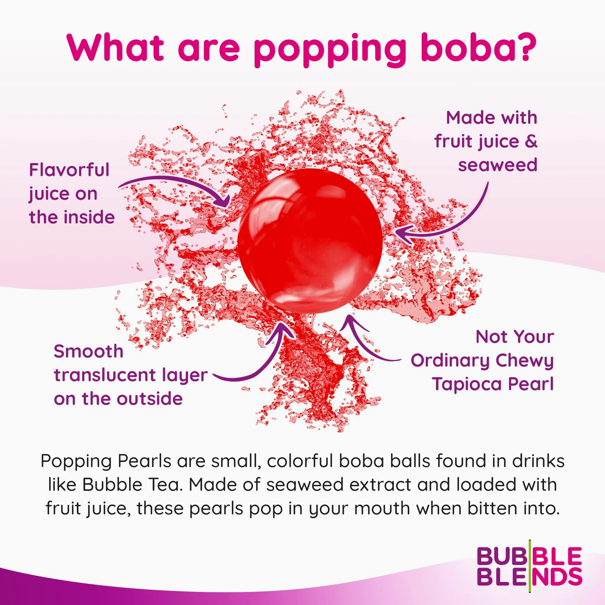 Bubble Blends Cherry PoppingBoba (2.2lbs) - Popping Pearls 100% Fat-Free - Real Fruit Juice - Bursting BobaPearls for Bubble Tea, BobaDrink Sinkers & Dessert Toppings