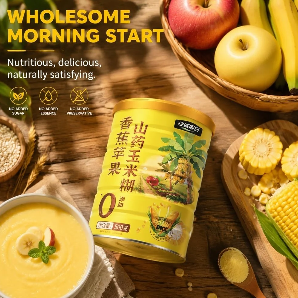 Polvere di mais istantanea con banane e mele, 500 g | Cereali caldi istantanei 30s con patate dolci, mais, banane, mele, pezzetti di vera frutta, 500 g.