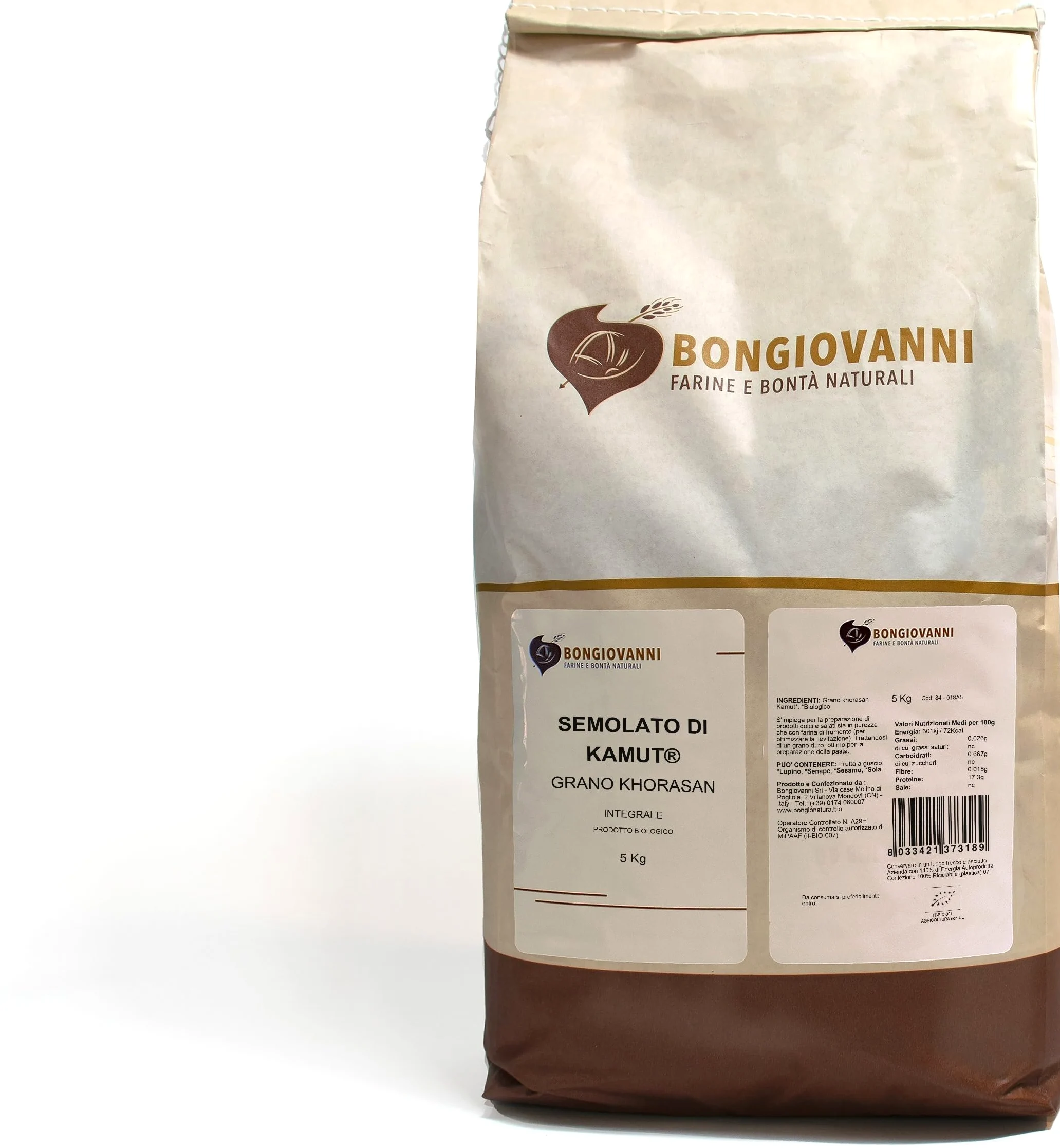 Bongiovanni Farine e Bonta' Naturali Semolato Integrale di Grano Khorasan Kamut - 5 kg