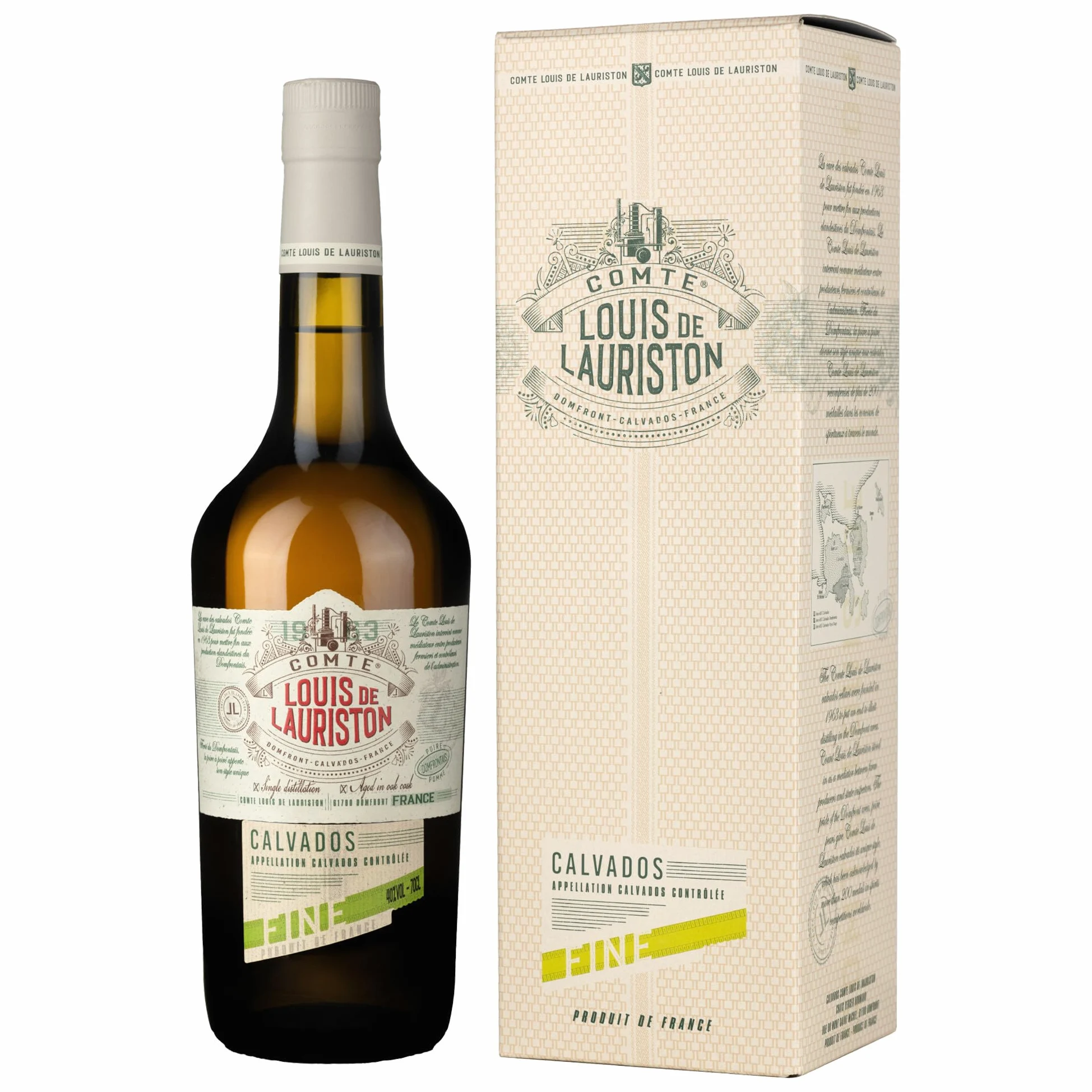 Calvados Domfrontais Comte De Lauriston Fine - Liquore Distillato Francese, Gusto Speziato e Fresco, 40%, Bottiglia in Vetro da 70cl