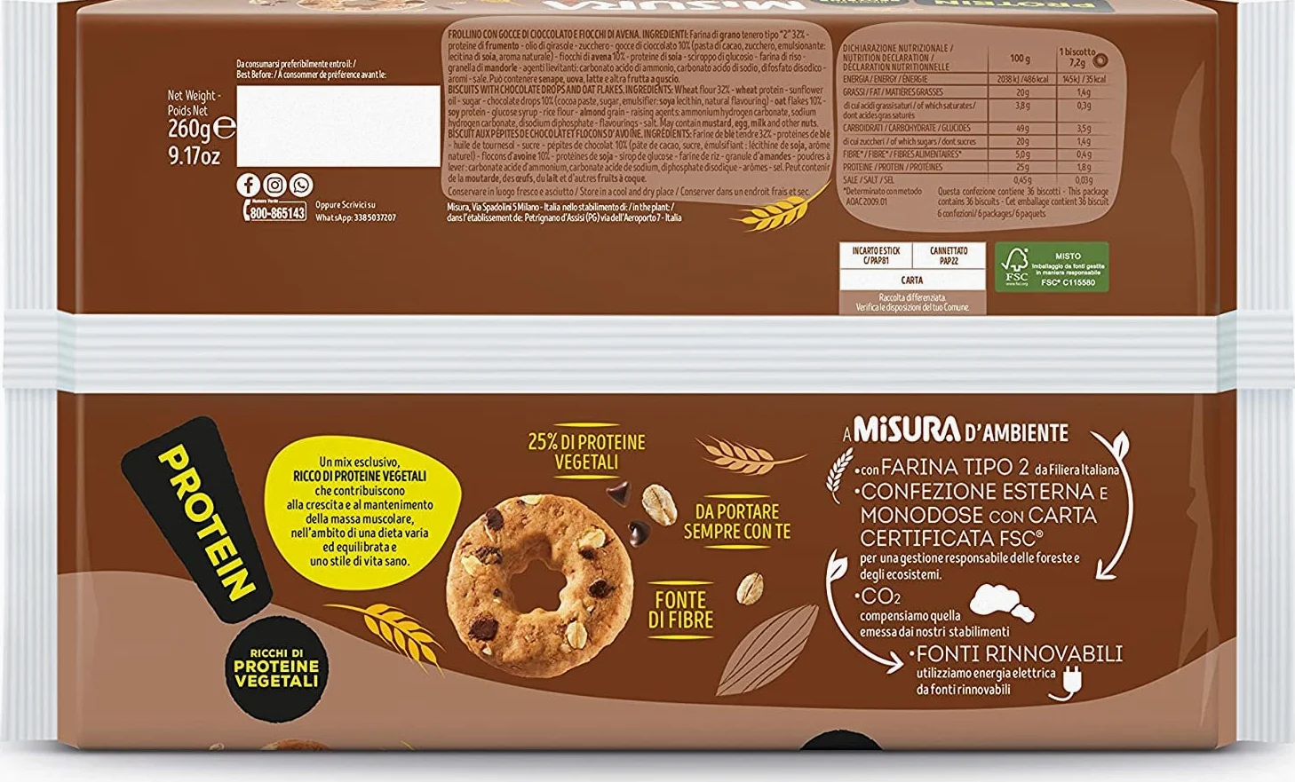 6X Misura Protein Biscotti Croccanti con Fiocchi di Avena e Gocce di Cioccolato 260g [CAIYA® BOX da 6 Confezioni]