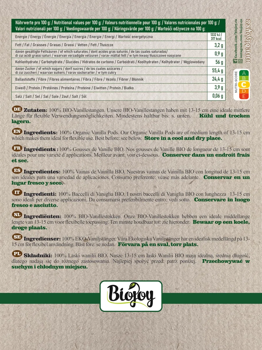 Biojoy Baccelli di vaniglia BIO (10 pezzi), Bourbon del Madagascar, Sacchetto con cerniera richiudibile - 13-15cm, Per Pasticcini e Dolci