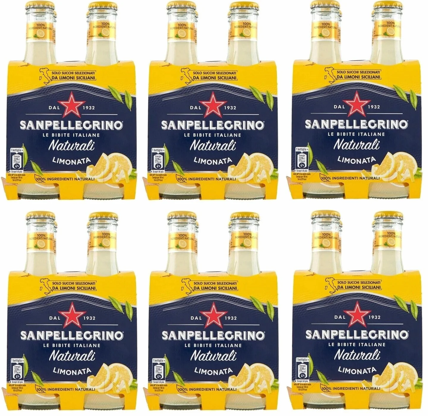 24x San Pellegrino Limonata Naturali Bevanda Analcolica Rinfrescante con succo di limone italiano, Bottiglia di vetro 20cl