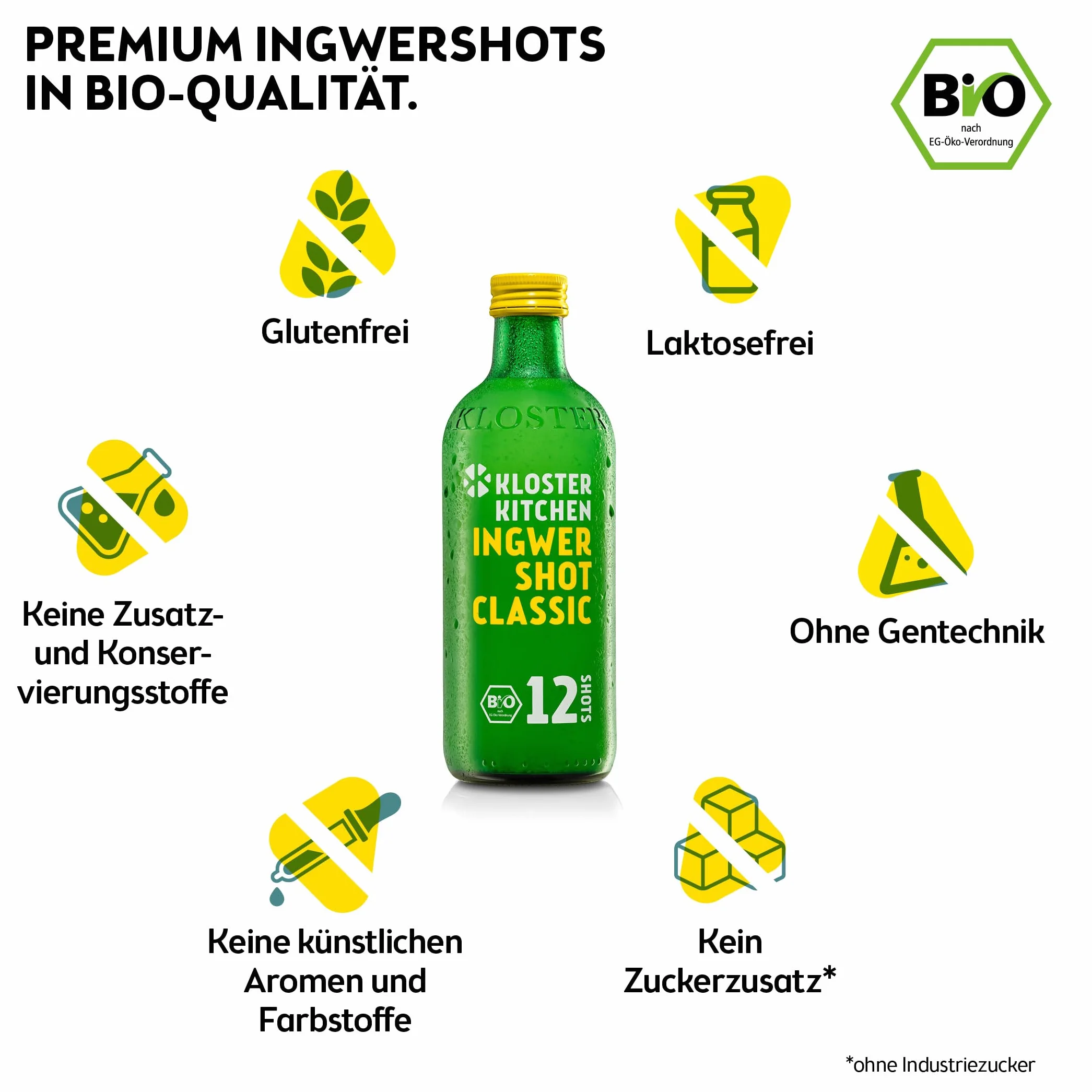 Kloster Kitchen Organic Ginger Shot Tasting Set L I 5 gusti 5x 360 ml + 5x 30 ml I Set regalo Ginger Shot vegan I dolce e piccante & con dolcezza naturale (incl. 1,25€ di deposito)