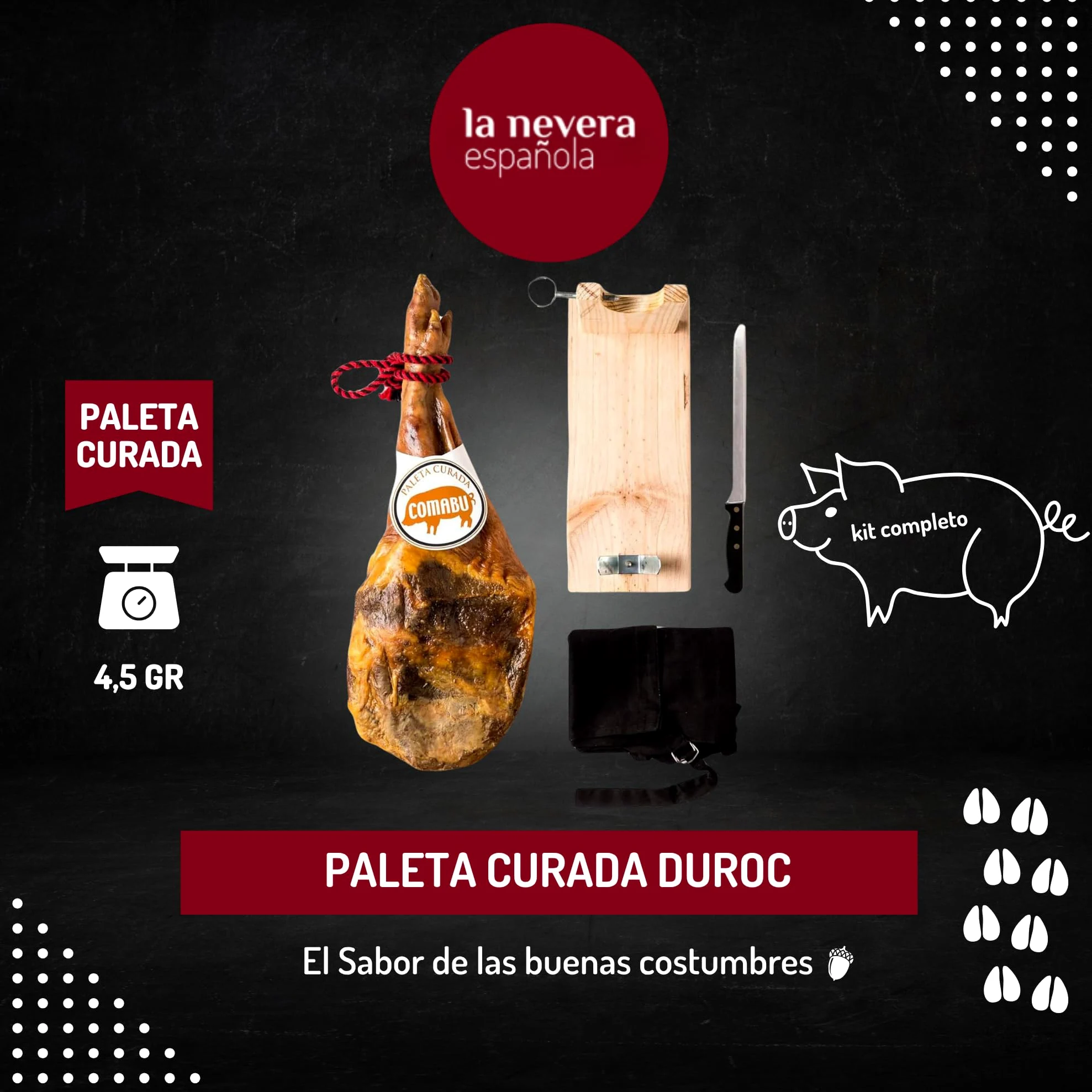 La Nevera Española | Paleta Curata, Porta Prosciutto, Coltello e Grembiule | Peso 4,5 KG | Curación Minima 10 Mesi | Prosciutto Comabu | Il Prosciutto della Nevera Española