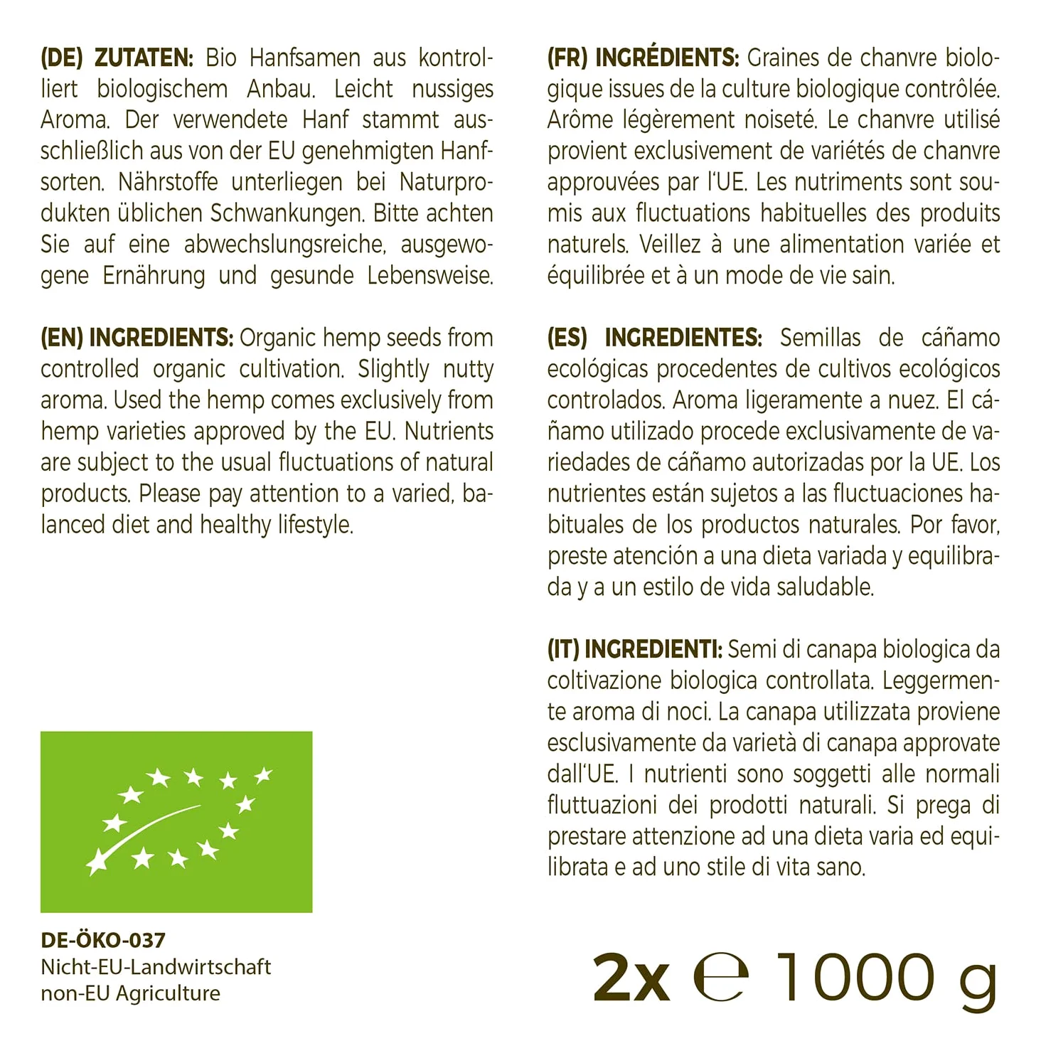 Semi di canapa organici MeaVita, pelati, confezione da 2 (2 x 1 kg)
